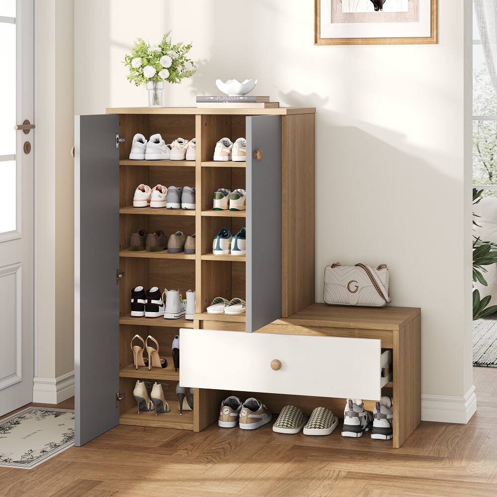 Left. Loheer - Loheer 12 Pair Shoe Cabinet, 43.25"H Shoe Storage Organizer with Bench, White & Gray - White, Grey, Natural.