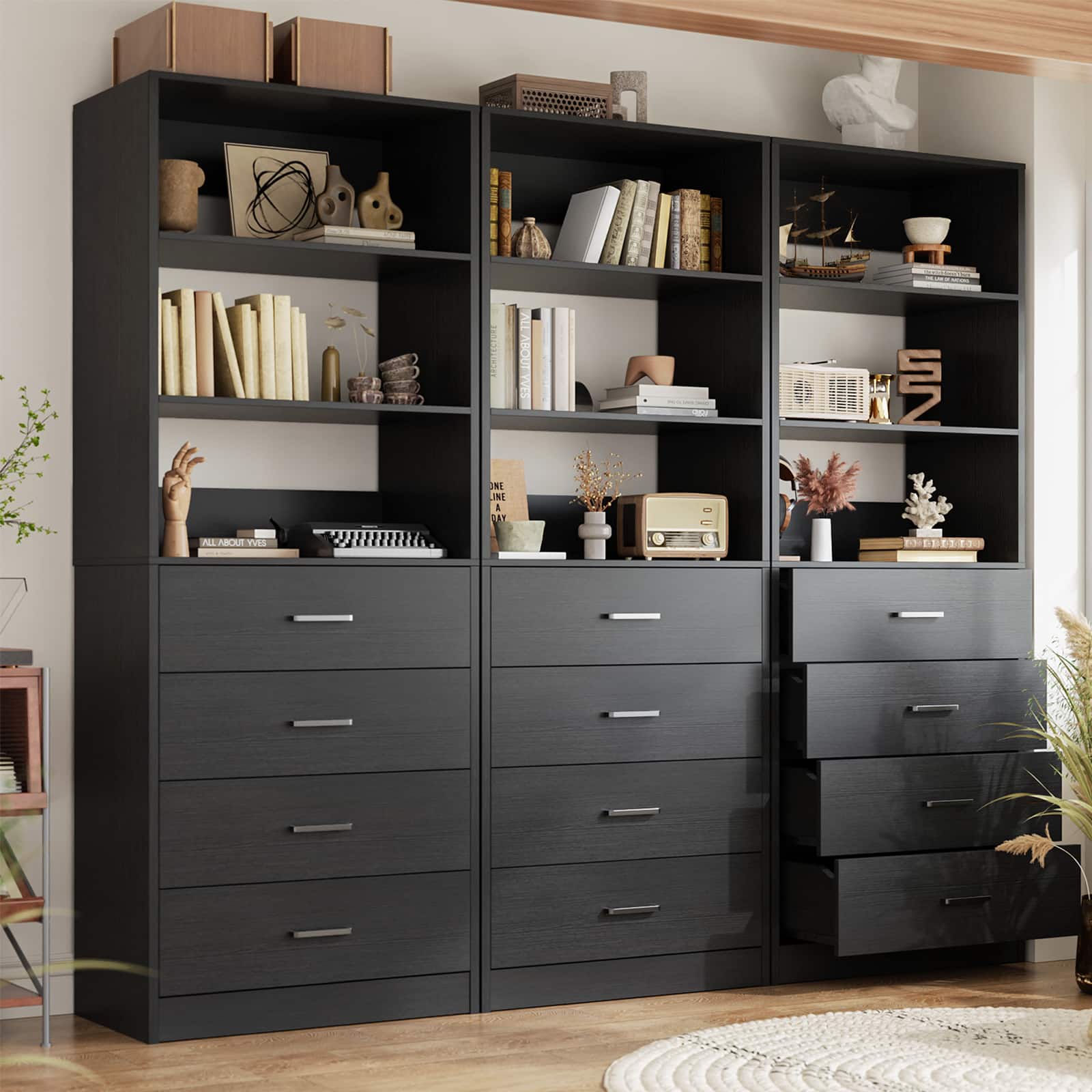 Aheaplus - 80'' Tall Bookcase with 12 Wooden Drawers, 65.8'' Wide Storage Unit with 6 Shelves, 3-Piece Set - Black