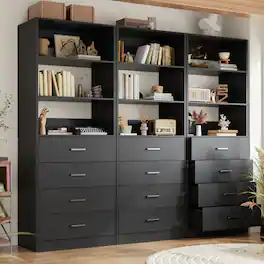 Aheaplus - 80'' Tall Bookcase with 12 Wooden Drawers, 65.8'' Wide Storage Unit with 6 Shelves, 3-Piece Set - Black
