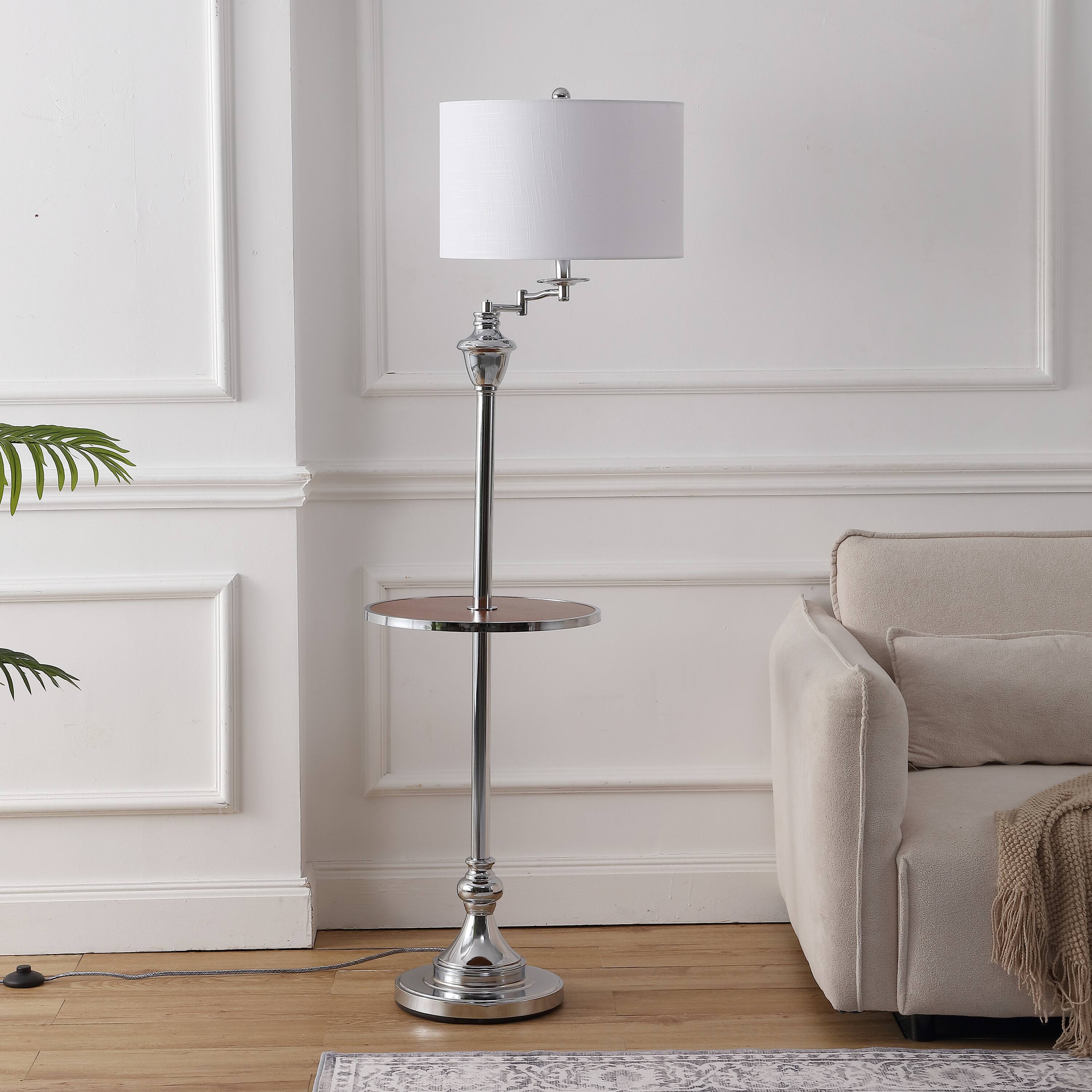Alt View 5. Jonathan Y - Cora 60" Modern Metal LED Floor Lamp with Integrated Wood Side Table and Swing Arm, Chrome/Brown Wood - Chrome/Brown Wood.