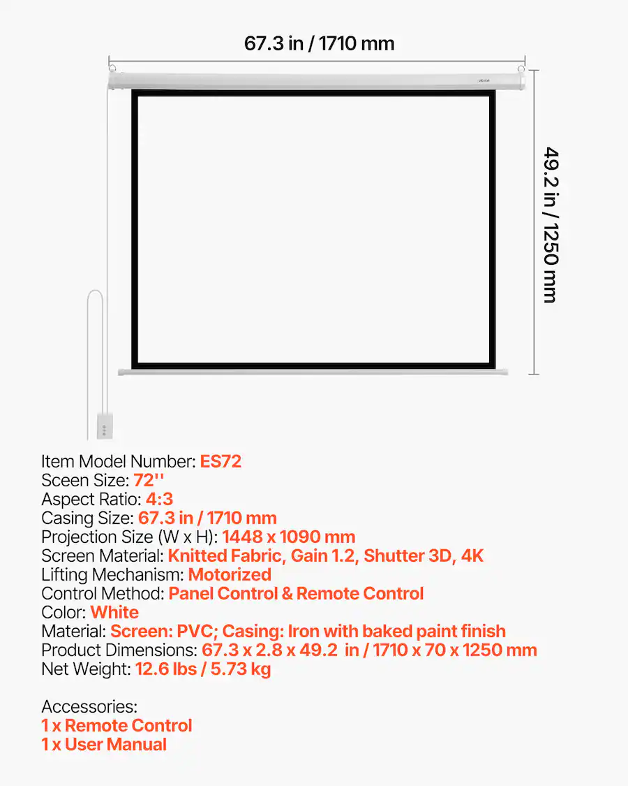7 Inch Projector Screen VEVOR Motorized Projector Screen, 72 inch 4:3 1080 HD Electric ...
