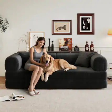 Front. LUCKY ONE - 78.8" Compression Convertible Floor Sofa Bed w/ Pillow Back Support Armrest No Assembly - Black.