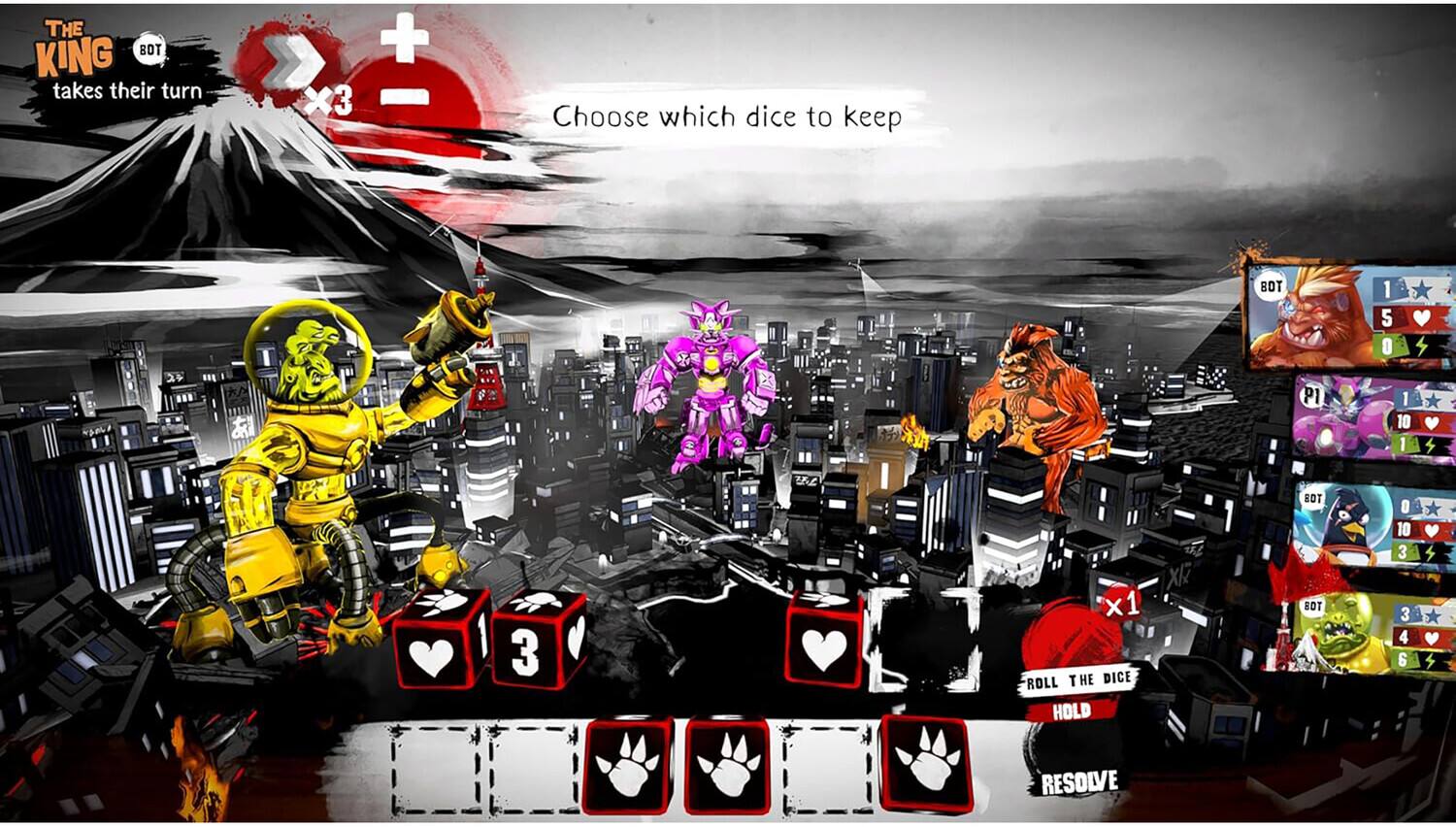 THE BOT KING takes their turn + X3 - Choose which dice to keep

BOT 1 5 O
PI 1 10 1 3 U XI x1 X 1

ROLL THE DICE HOLD

BOT O 10 3 3 4 6

RESOLVE