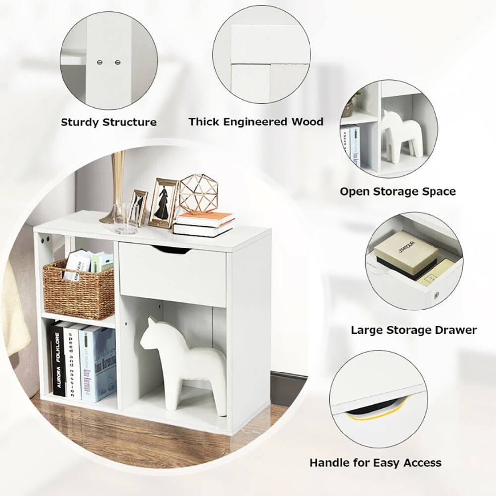 Sturdy Structure  
Thick Engineered Wood  
Open Storage Space  
Large Storage Drawer  
Handle for Easy Access