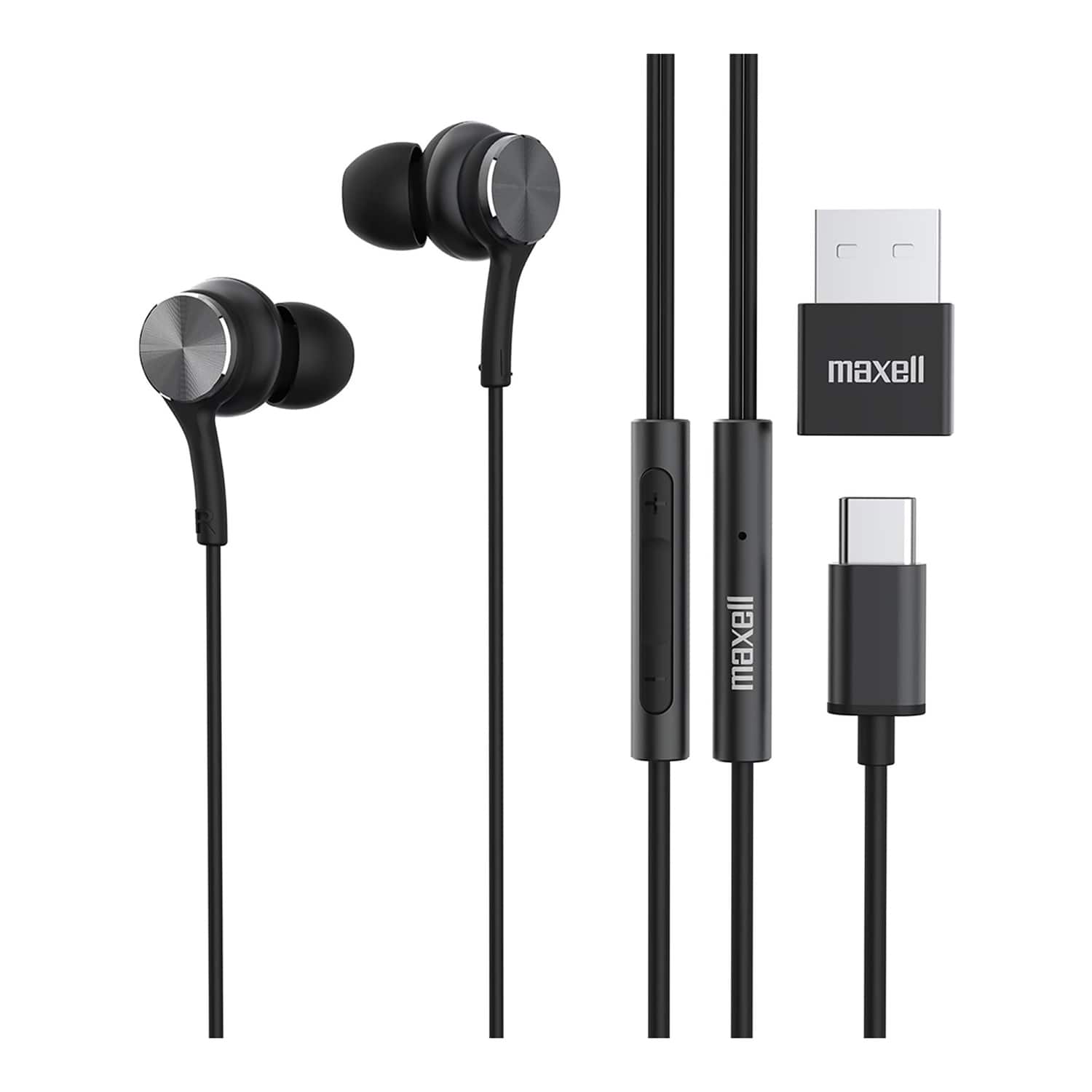 Maxell - Fusion X Wiews In-Ear Earbuds, In-Line Mic/Remote, USB-C Connector, USB-A Adapter - Black