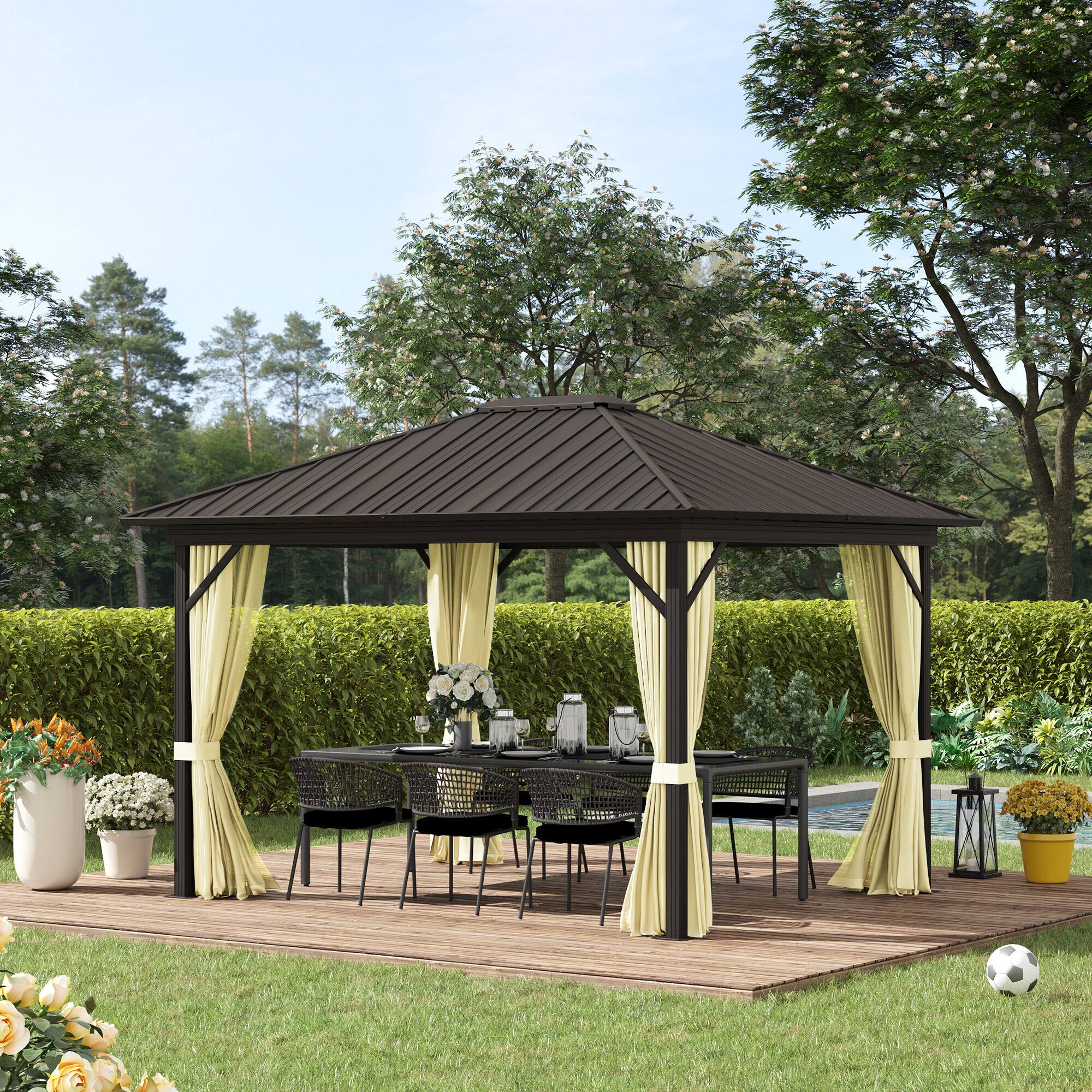Alt View 1. Outsunny - 10' x 12' Hardtop Gazebo with Curtains and Netting, Permanent Pavilion Metal Single Roof Gazebo Canopy - Cream White.