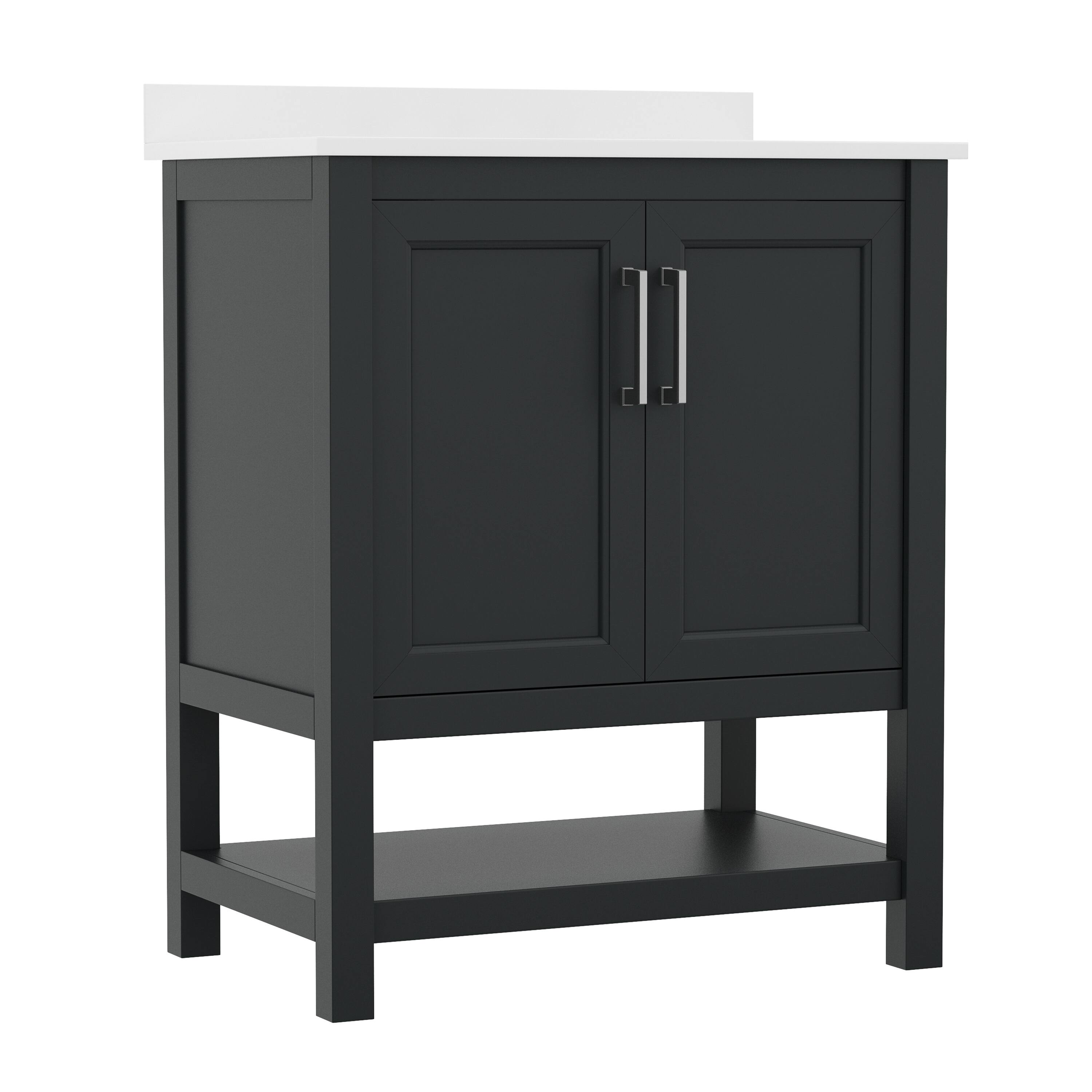 Alt View 1. Emma + Oliver - Vesta Bathroom Vanity, Single Sink Cabinet with 2 Soft Close Doors and Open Shelf, Carrara Marble Finish Countertop - Black Frame/Nickel Hardware.