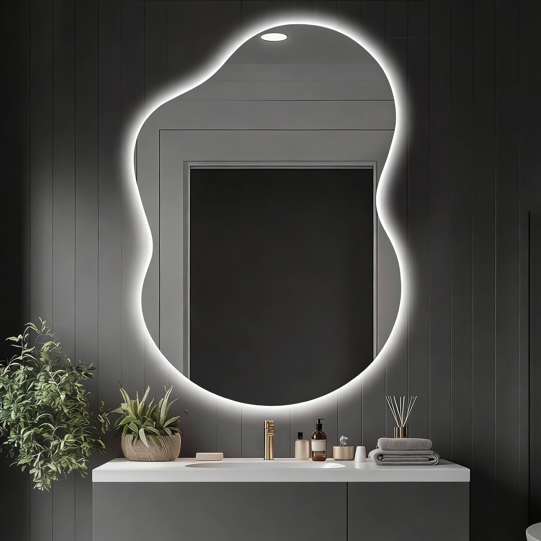 Front. METALTON - Irregular Led Lighted Vanity Mirror For Bathroom Front And Backlit Anti fog color Dimmable Lighting Wall Mo - Cloud Shape 40"L x 30"W.