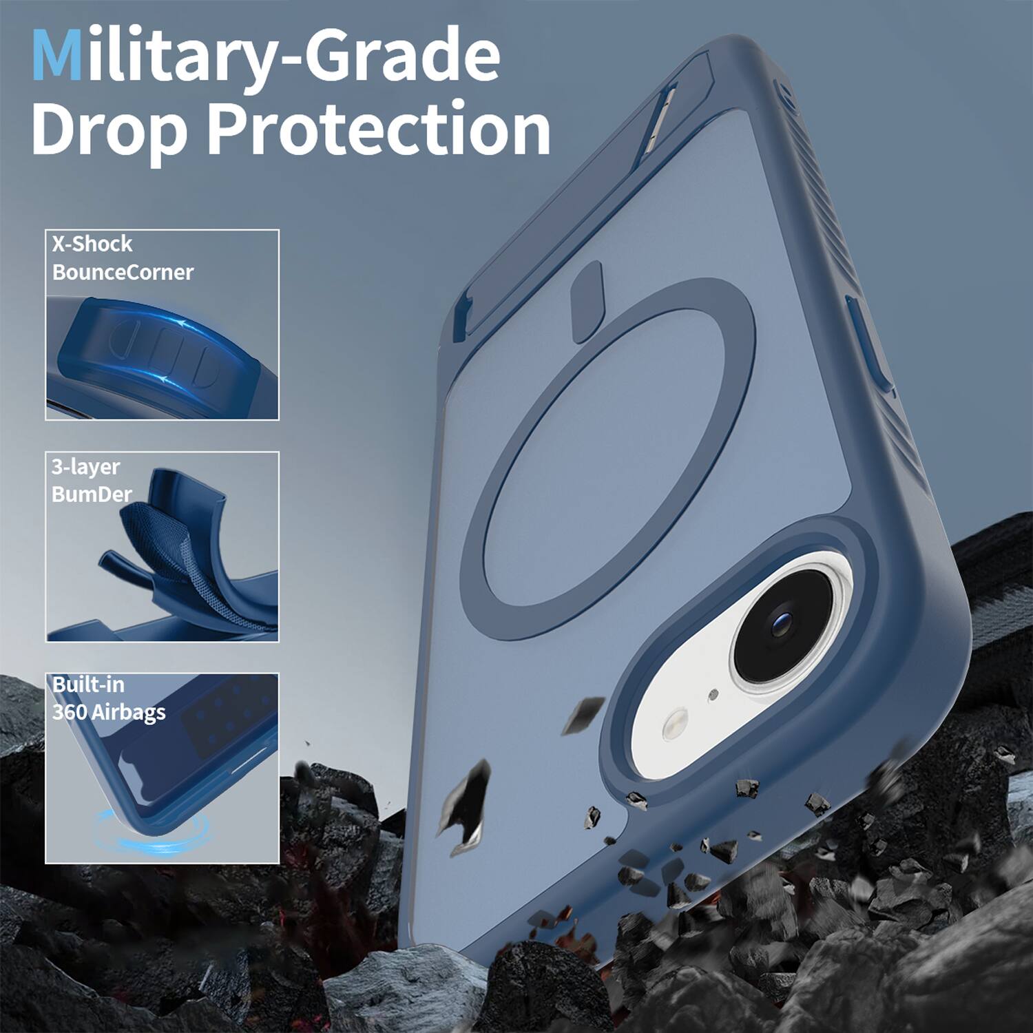 Military-Grade Drop Protection  
X-Shock BounceCorner  
3-layer BumDer  
Built-in 360 Airbags