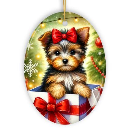 Front. OrnamentallyYou - Precious Yorkshire Terrier Christmas Gift Ornament Sweet Holiday Scene Decor Oval Version - Multi-colored.