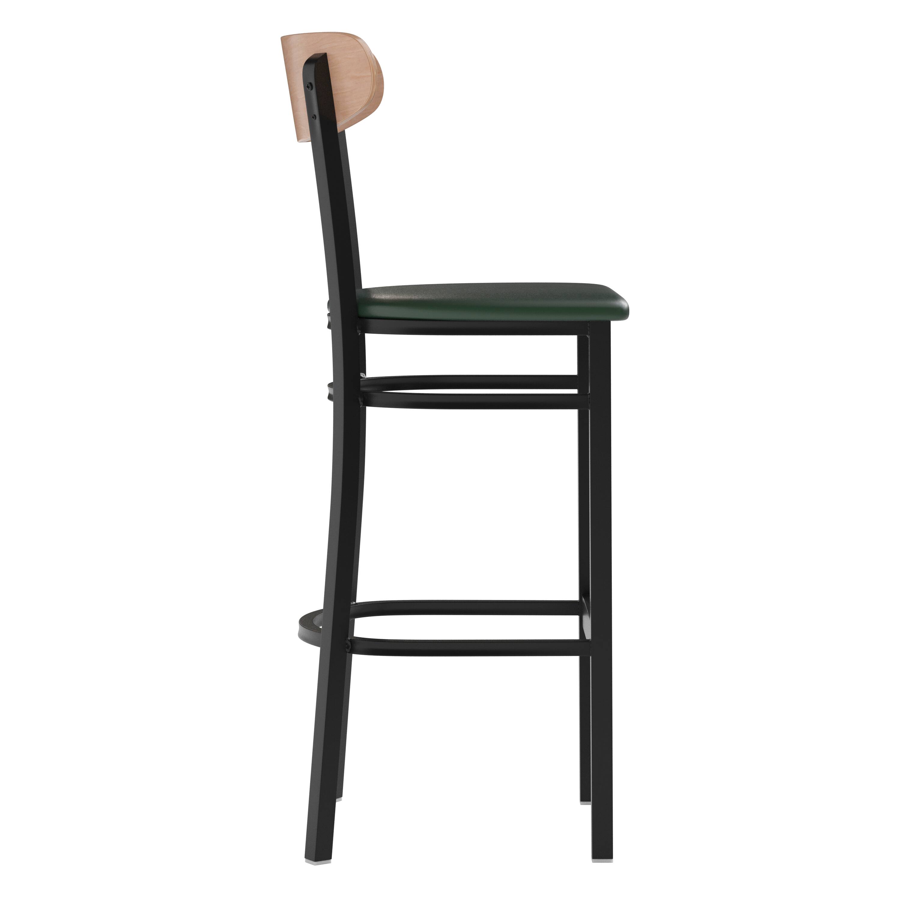 Alt View 9. Emma + Oliver - Yara Industrial Barstool with Rolled Steel Frame and Solid Wood Seat - 500 lbs. Static Weight Capacity - Natural Birch Wood Back/Green Vinyl Seat.