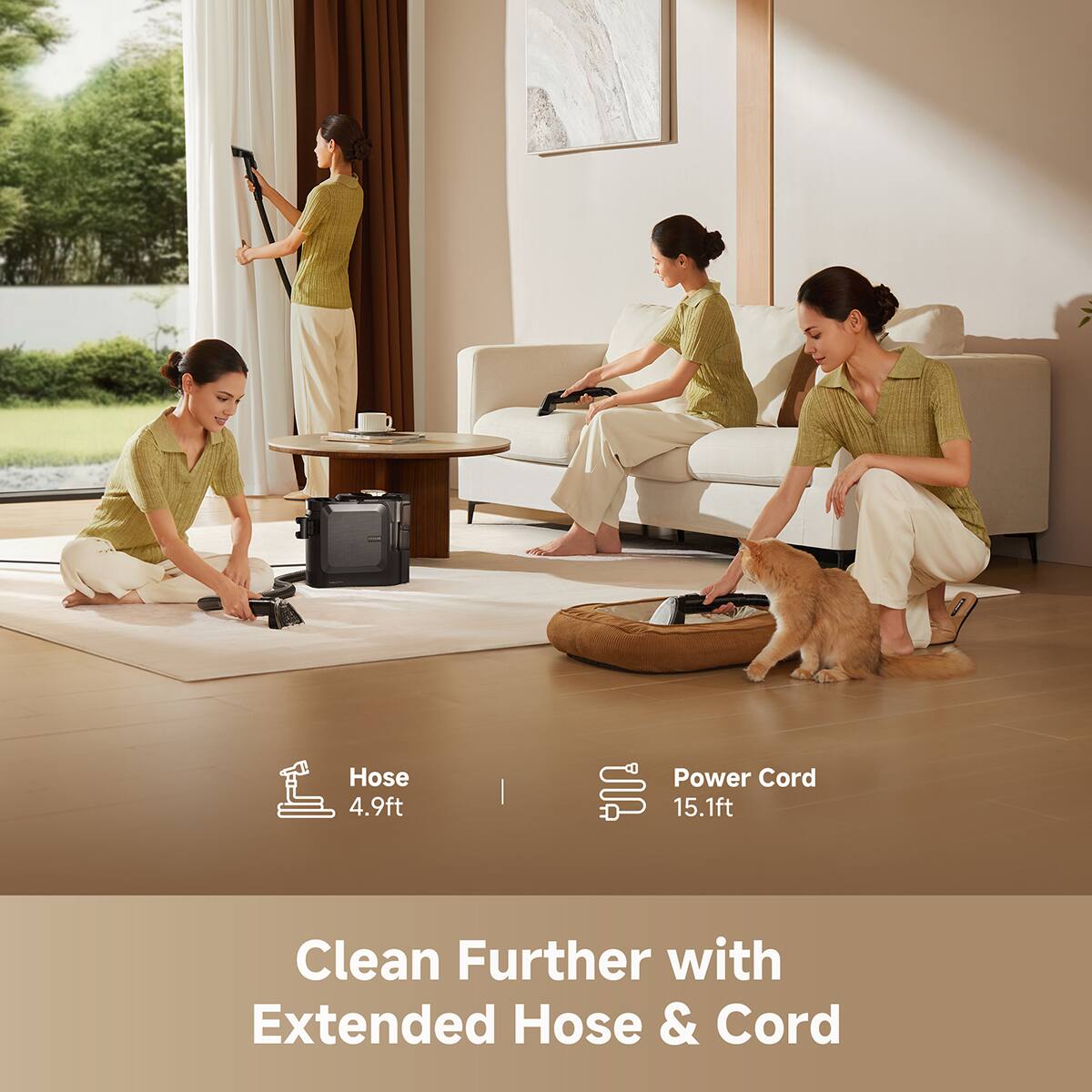 Hose 4.9ft | Power Cord 15.1ft  
Clean Further with Extended Hose & Cord