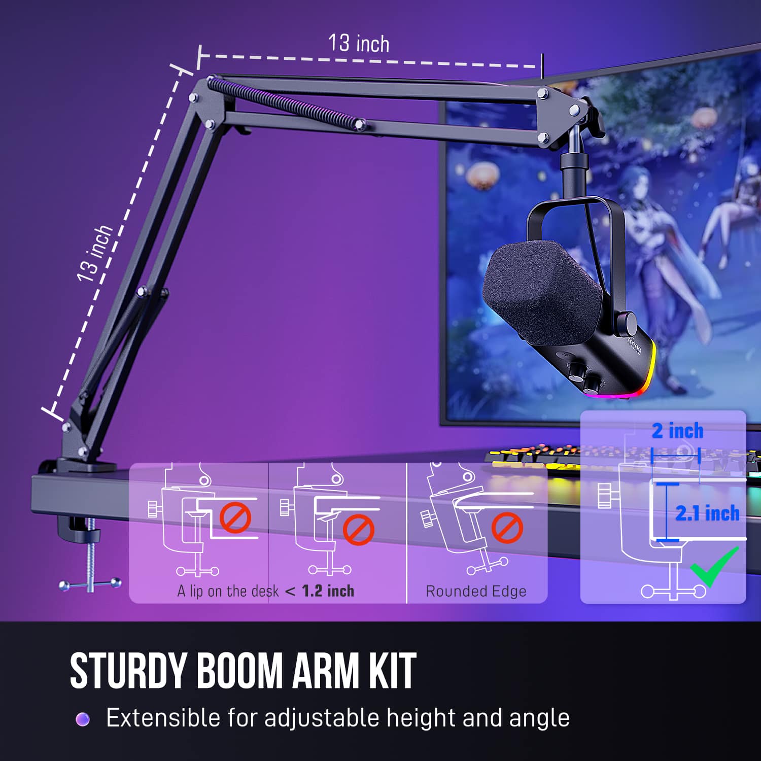 The text on the image reads: "Sturdy Boom Arm Kit. Extensible for adjustable height and angle."