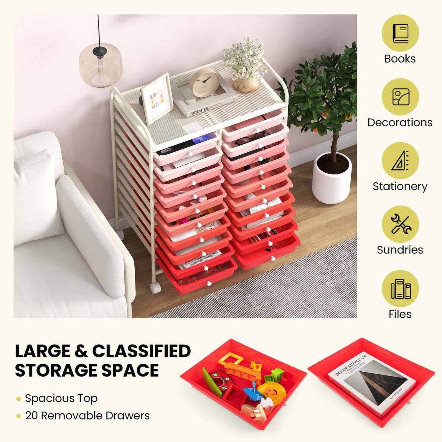 Books  
Decorations  
Stationery  
Sundries  
Files  

LARGE & CLASSIFIED STORAGE SPACE  
- Spacious Top  
- 20 Removable Drawers