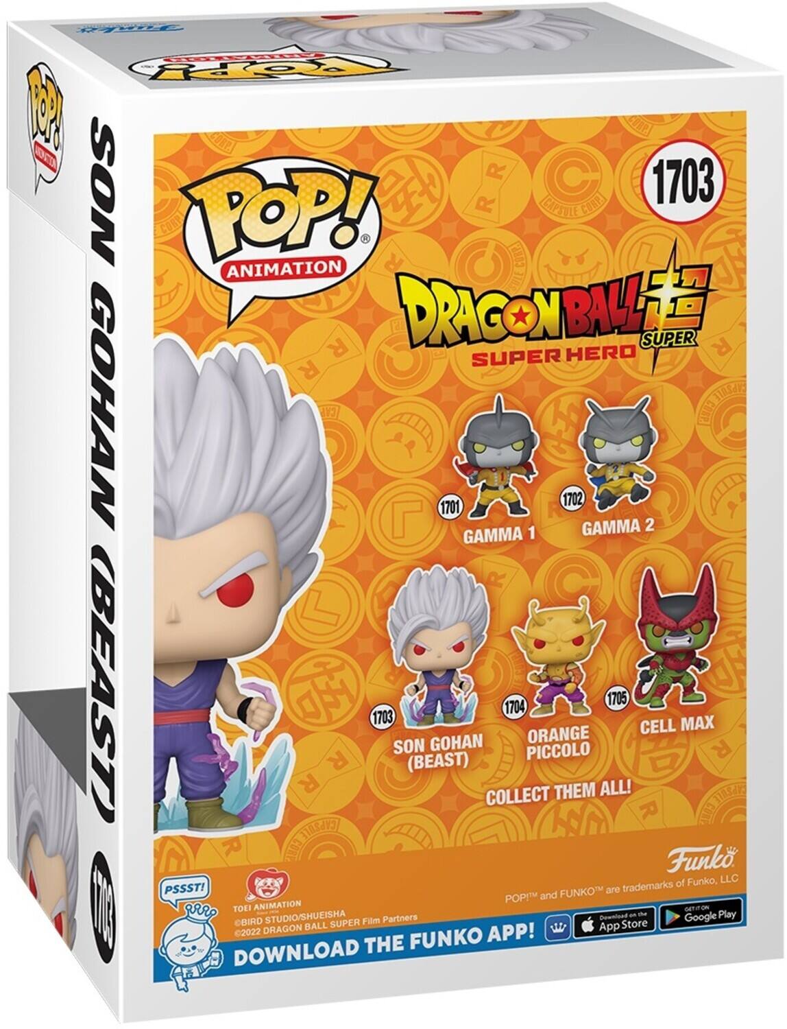 The text on the image can be grouped and corrected as follows:

---

**Funko Pop! Animation**

**Dragon Ball Super Hero**

- **1701:** Gamma 1
- **1702:** Gamma 2
- **1703:** Son Gohan (Beast)
- **1704:** Orange Piccolo
- **1705:** Cell Max

**Collect Them All!**

**Funko Pop!** and **Funko** are trademarks of Funko, LLC.

©2022 Dragon Ball Super Film Partners: Toei Animation, Shueisha, Bird Studio

---

This text is from the packaging of a Funko Pop! box set featuring characters from "Dragon Ball Super Hero."