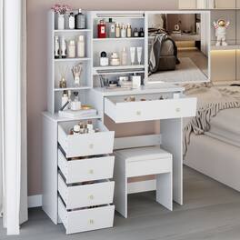 Loheer - 37 inch makeup vanity with stool, sliding mirror and layered storage - White
