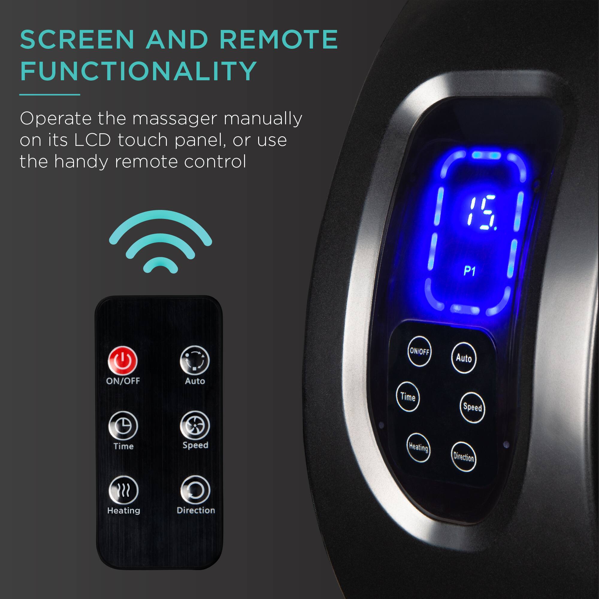 SCREEN AND REMOTE FUNCTIONALITY

Operate the massager manually on its LCD touch panel, or use the handy remote control.

1. ON/OFF
2. Auto
3. Time
4. Speed
5. Heating
6. Direction