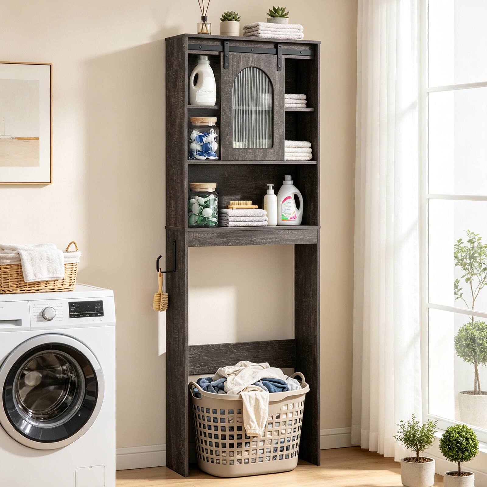 Alt View 3. Costway - Costway Over Toilet Storage Cabinet with Sliding Barn Door Toilet Paper Holder Open Shelves - Black Oak.