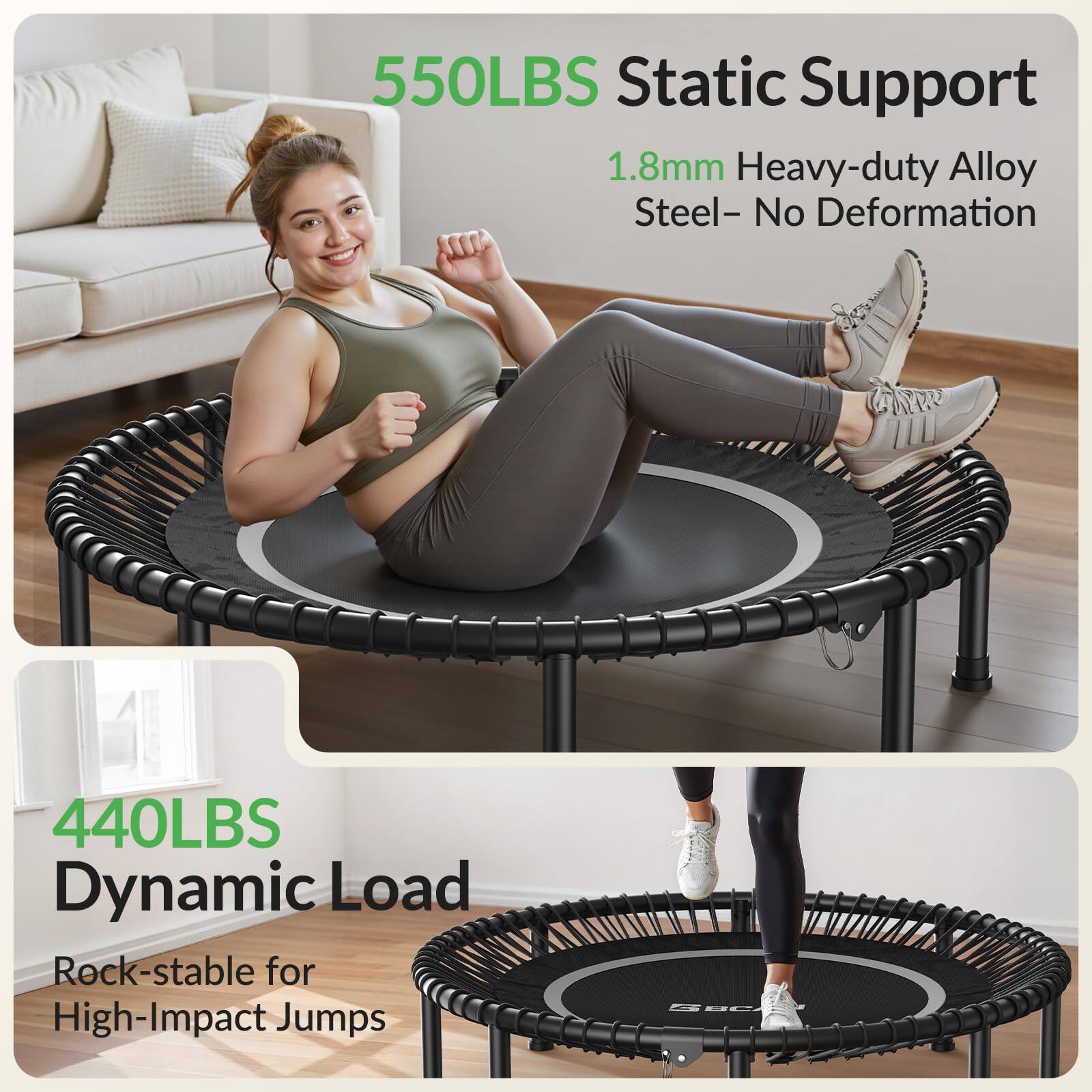 550LBS Static Support  
1.8mm Heavy-duty Alloy Steel - No Deformation  

440LBS Dynamic Load  
Rock-stable for High-Impact Jumps