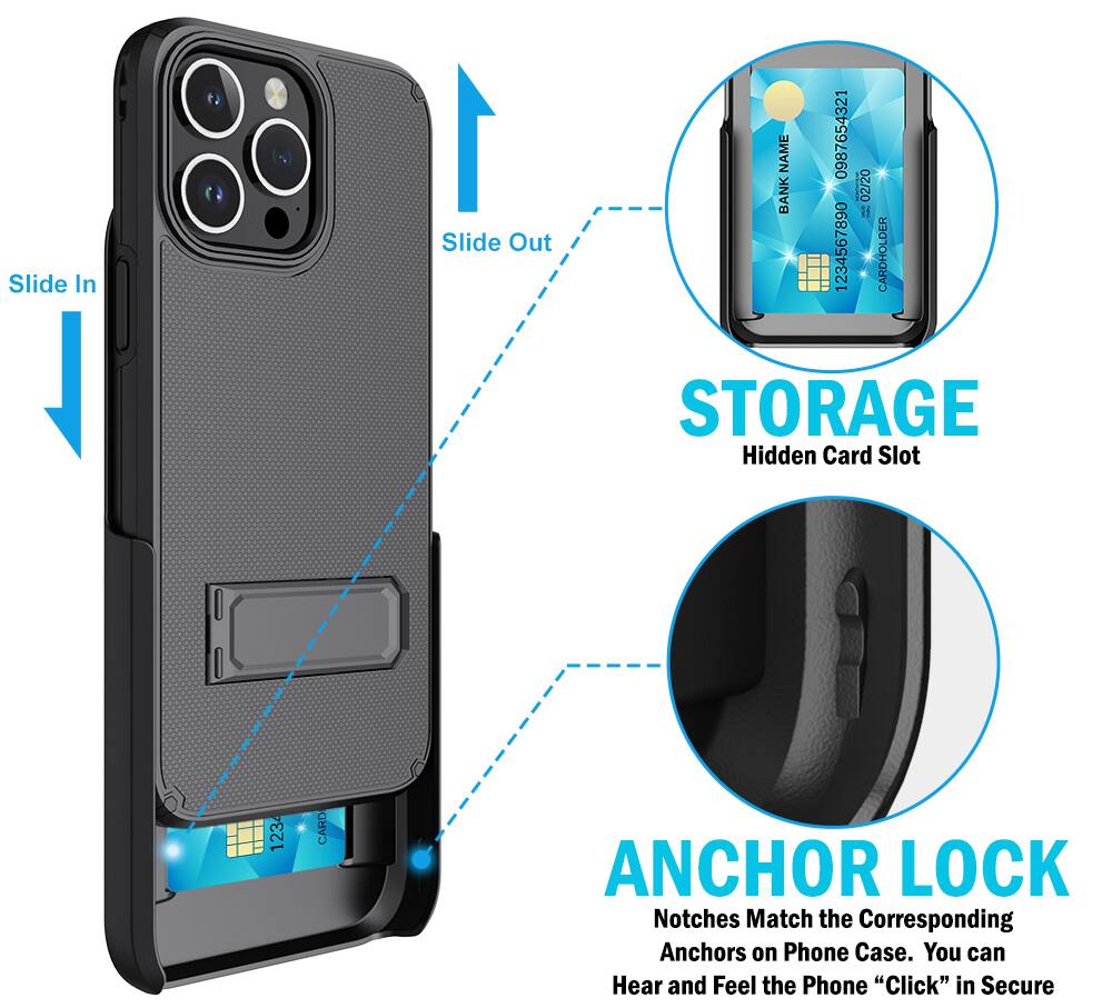 Slide In 1 Slide Out

NAME BANK 0987654321 02/20

i 1234567890

CARDHOLDER

STORAGE Hidden Card Slot

123 CARD

ANCHOR LOCK

Notches Match the Corresponding Anchors on Phone Case. You can Hear and Feel the Phone "Click" in Secure