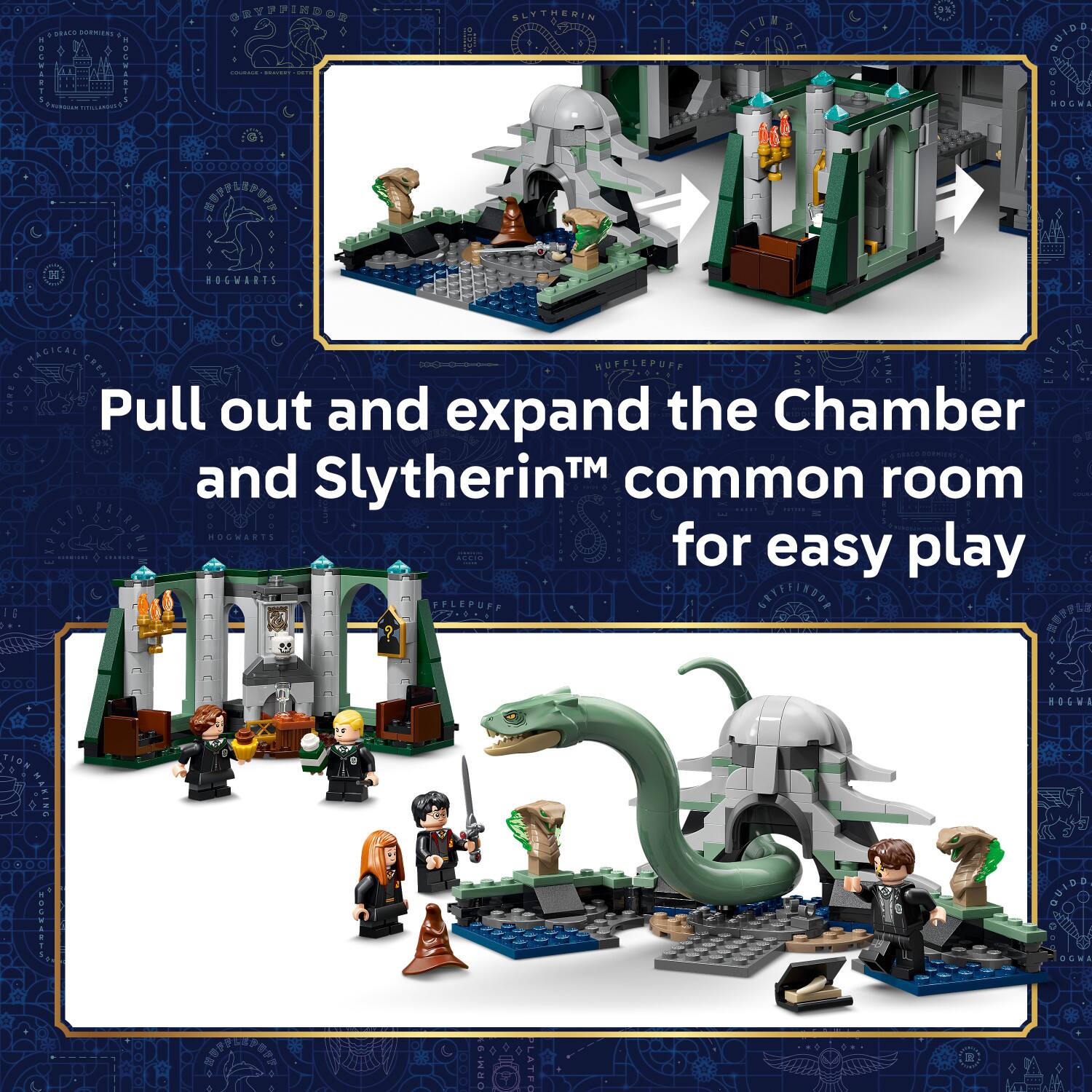 Pull out and expand the Chamber and Slytherin™ common room for easy play