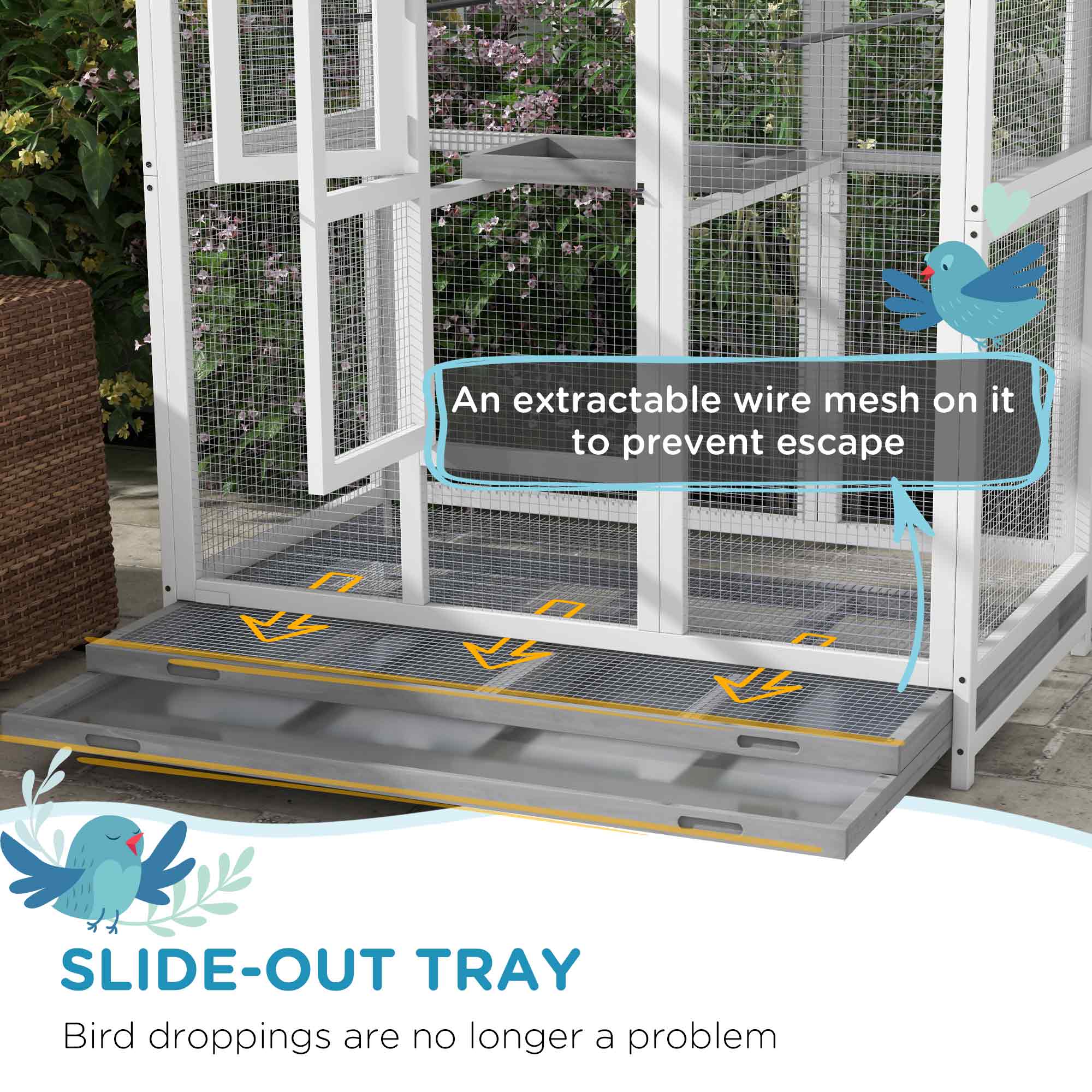 An extractable wire mesh on it to prevent escape

SLIDE-OUT TRAY
Bird droppings are no longer a problem