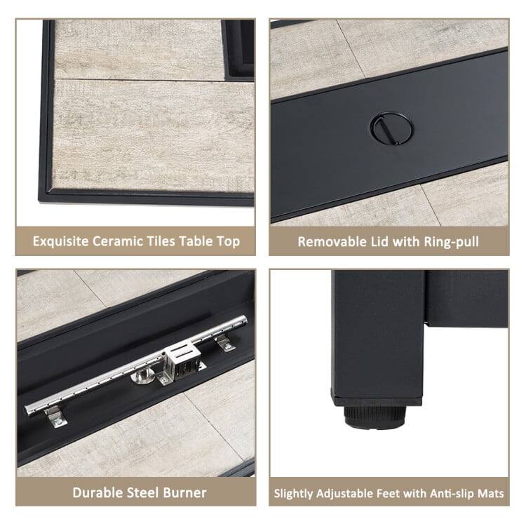 Exquisite Ceramic Tiles Table Top  
Removable Lid with Ring-pull  
Durable Steel Burner  
Slightly Adjustable Feet with Anti-slip Mats