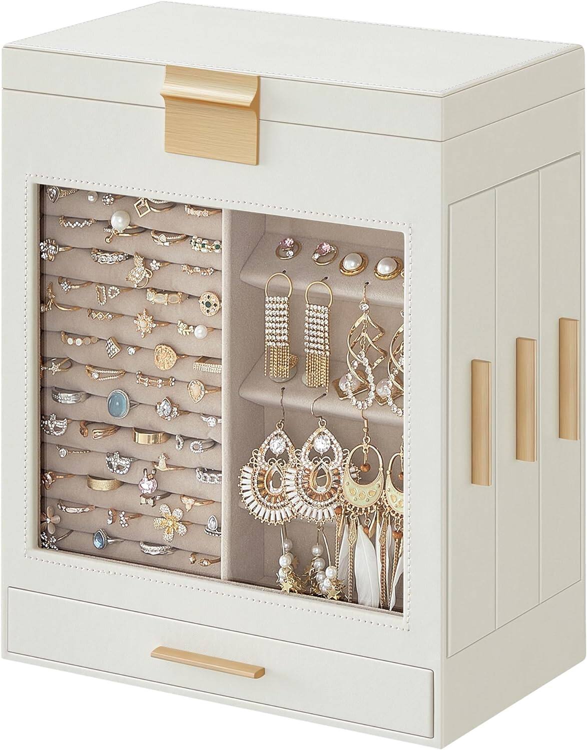Front. Songmics Home - 5-Layer Modern Jewelry Organizer with 3 Side Drawers Big Mirror 5.1 x 7.9 x 9.7 Inches Cloud White and Metallic Gold - White.