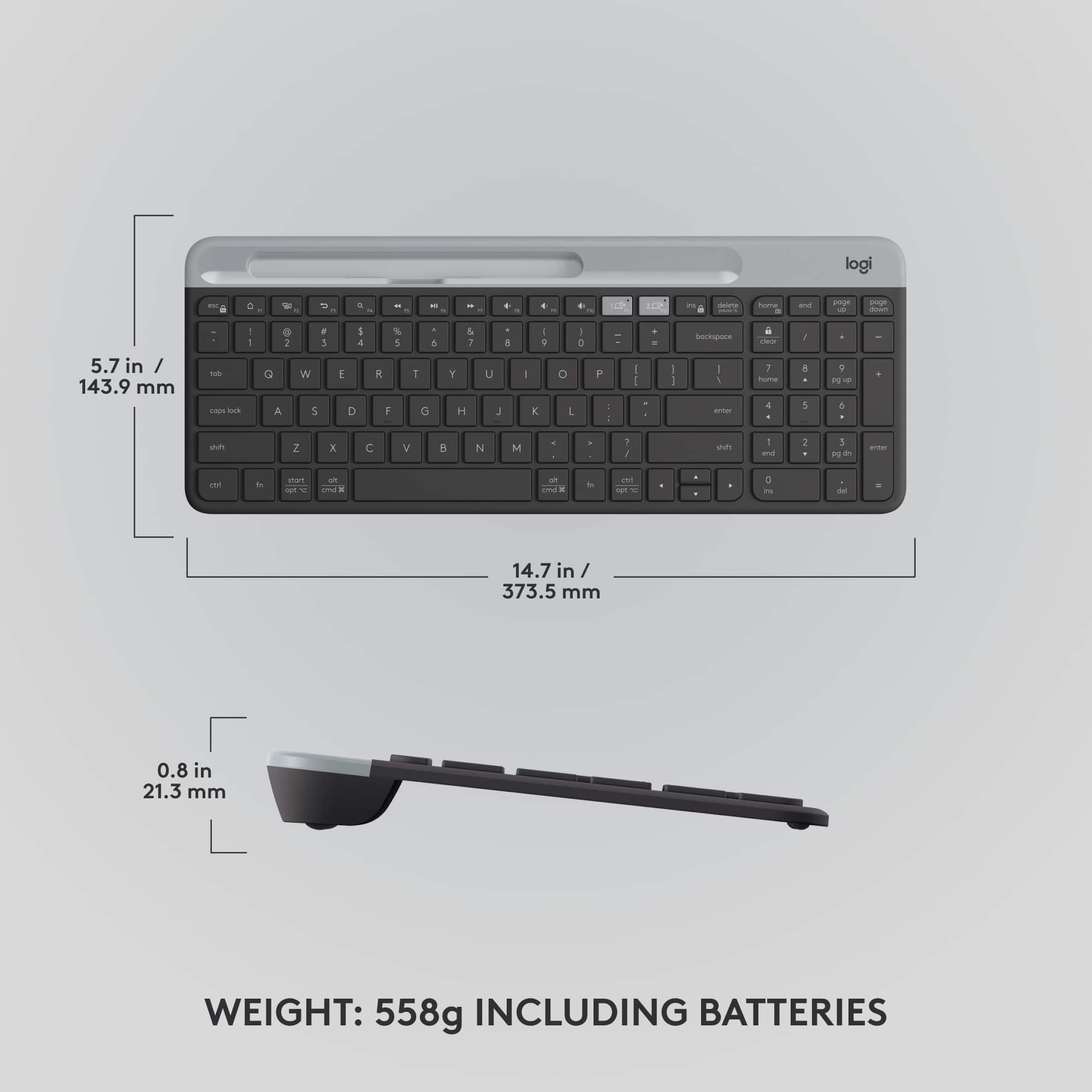 The image features a keyboard and a spoon, with a weight and size measurement displayed next to them. The keyboard is 14.7 inches (373.5 mm) long and 0.8 inches (21.3 mm) wide. The weight of the keyboard, including batteries, is 558 grams. The spoon is also shown in the image, but its dimensions and weight are not provided.