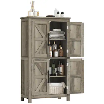 Front. Homcom - Floor Storage Cabinet, Farmhouse Bathroom Cabinet with 4 Doors and Adjustable Shelf - Light Gray.