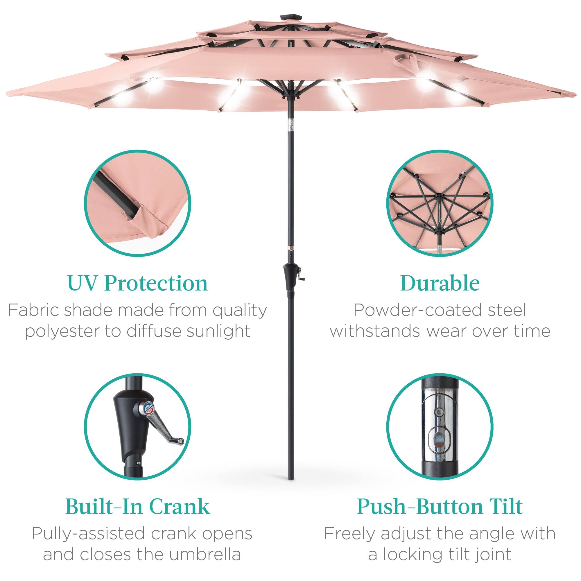 UV Protection  
Fabric shade made from quality polyester to diffuse sunlight  

Durable  
Powder-coated steel withstands wear over time  

Built-In Crank  
Pully-assisted crank opens and closes the umbrella  

Push-Button Tilt  
Freely adjust the angle with a locking tilt joint