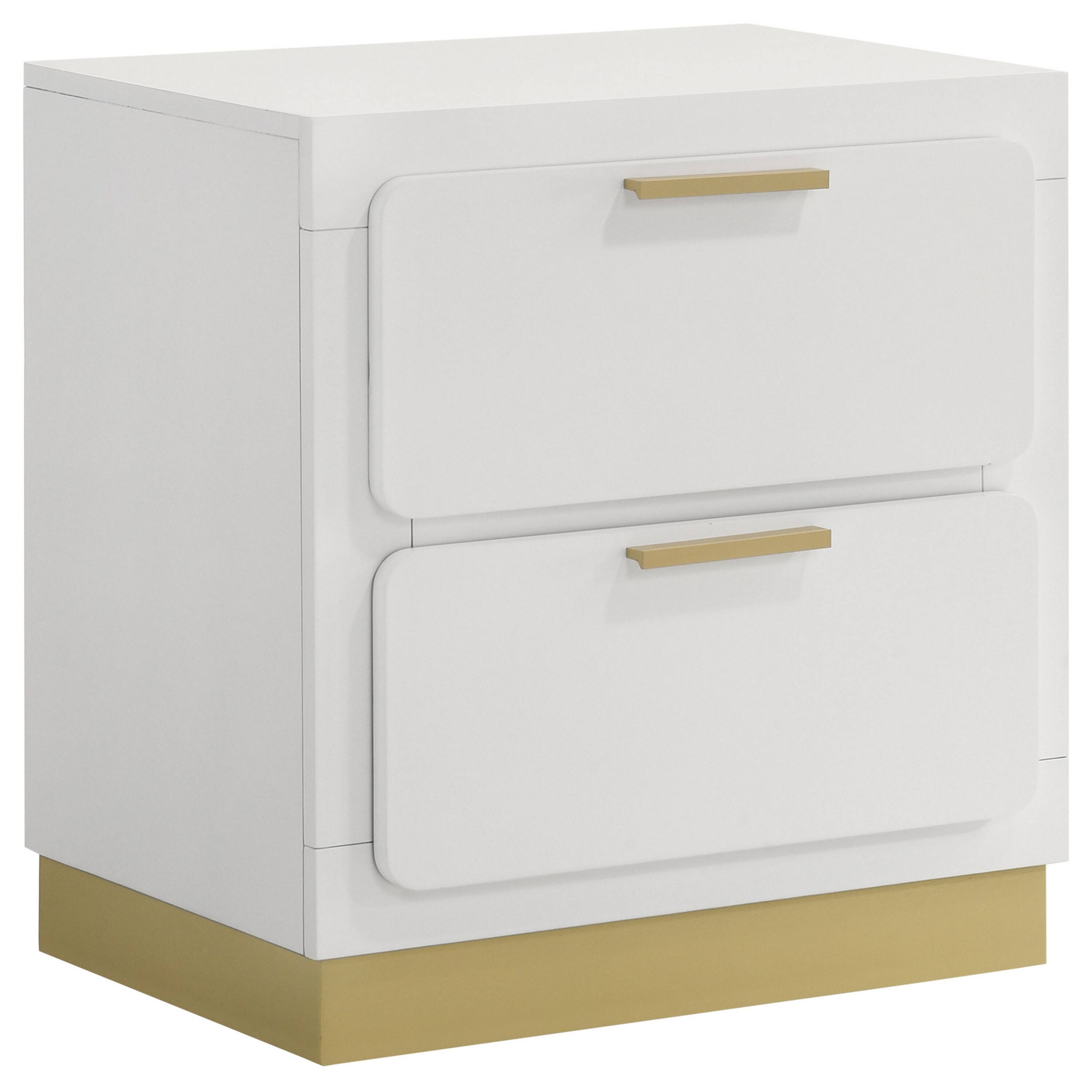 Front. Manhattan Lane - Caer Nightstand, 2 Drawers,  Accent Recessed Base, Bar Handles, - White, Gold.