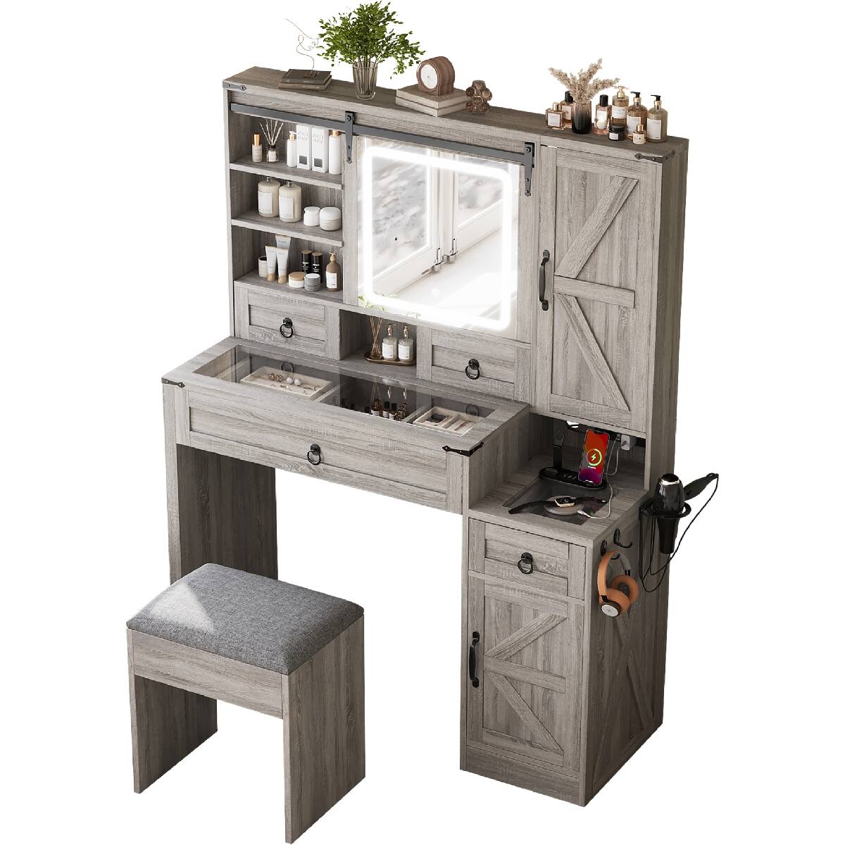 Back. Loheer - Loheer Farmhouse Vanity Desk with LED Mirror, Gray Vanity Set with Stool - Gray.