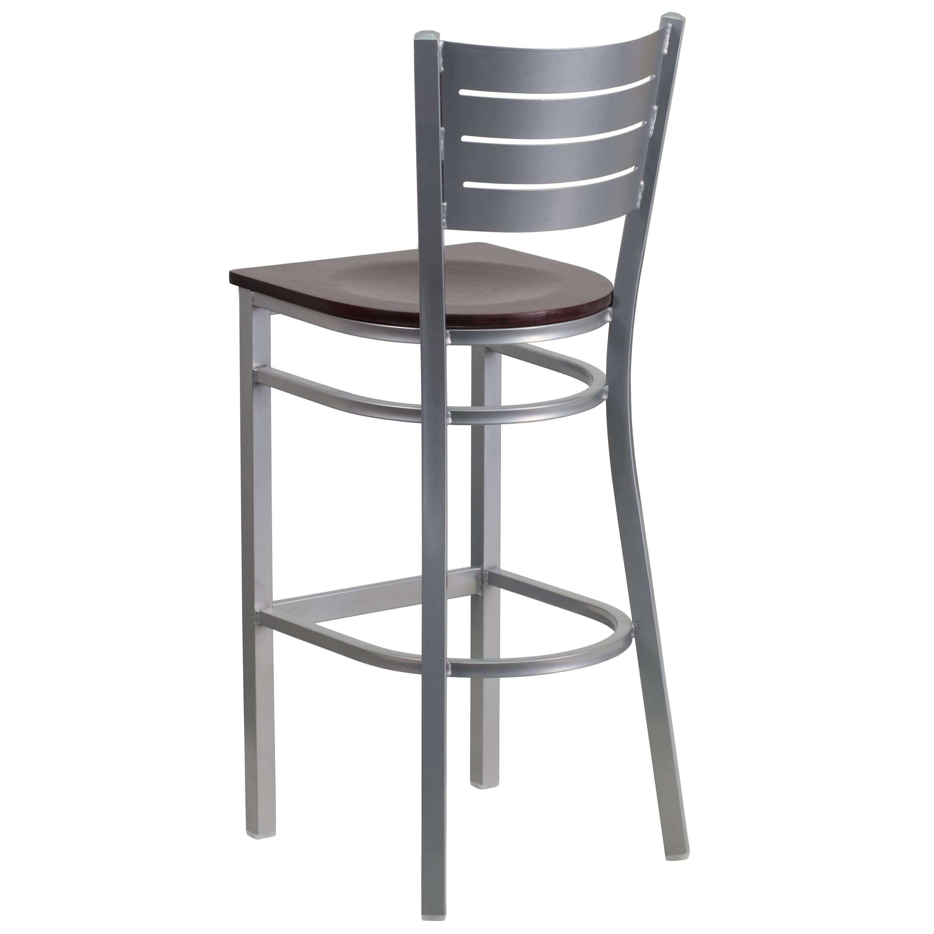 Alt View 3. Emma + Oliver - Silver Slat Back Metal Restaurant Dining Barstool - Mahogany Wood Seat/Silver Frame.