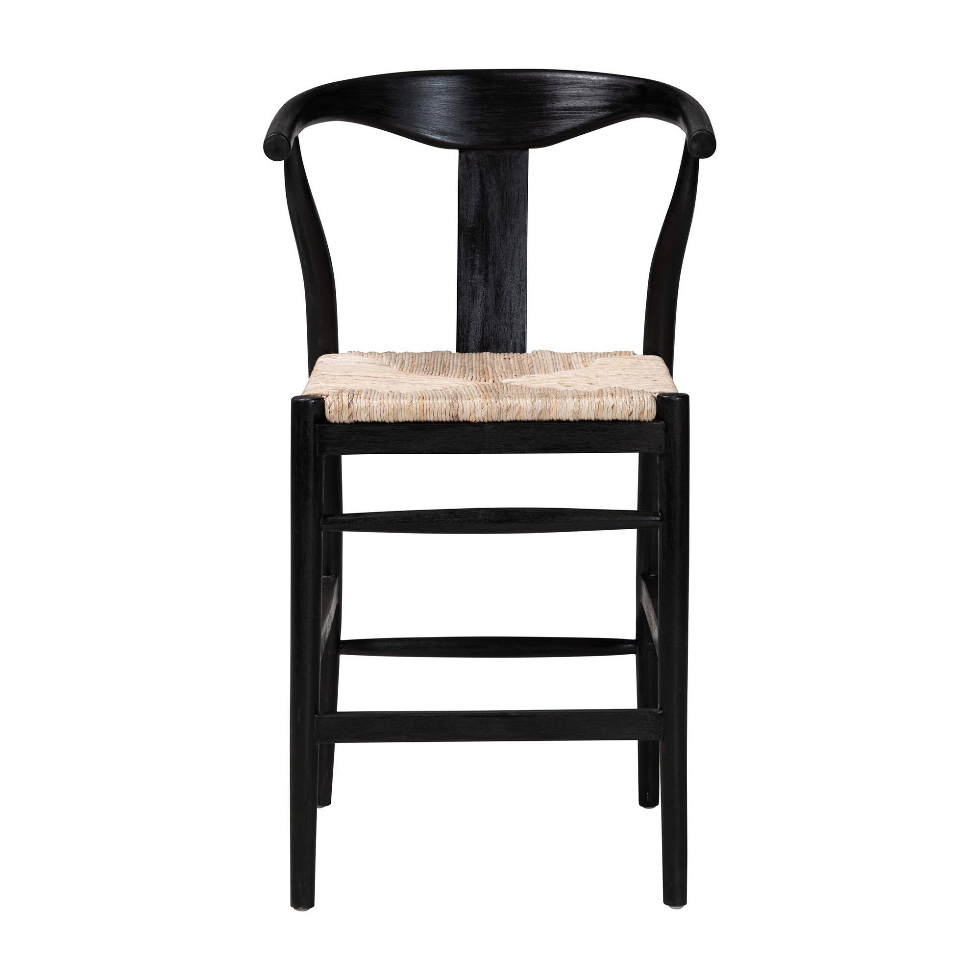 Angle. bali & pari - Fika Wishbone Counter Stool with Handwoven Seagrass Seat - Mahogany Wood Frame Counter Height Seating - Black/Natural Brown.