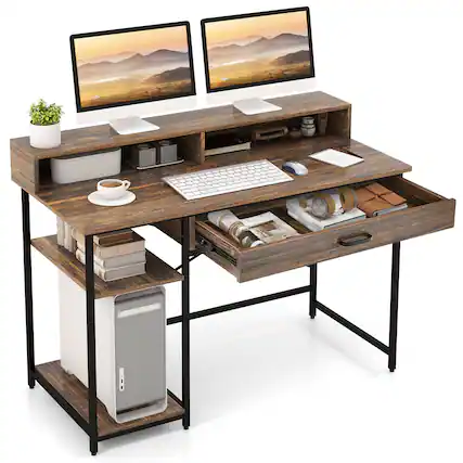Front. Costway - Costway 48"Computer Desk with Monitor Stand Home Office Writing Desk with Storage Drawer and 2 Open Shelves - Brown.