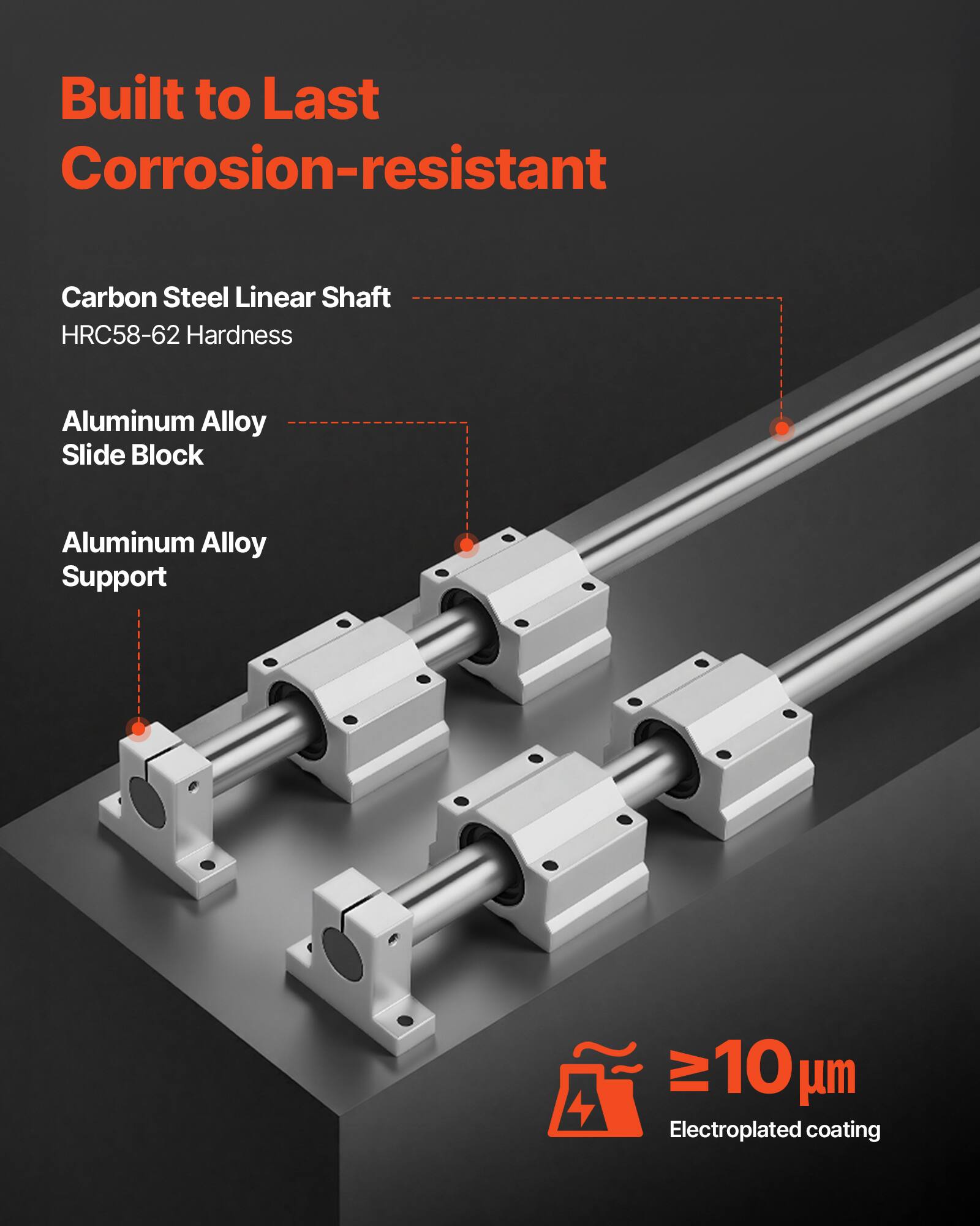 Built to Last  
Corrosion-resistant  

Carbon Steel Linear Shaft  
HRC58-62 Hardness  

Aluminum Alloy Slide Block  
Aluminum Alloy Support  

≥10 µm  
Electroplated coating