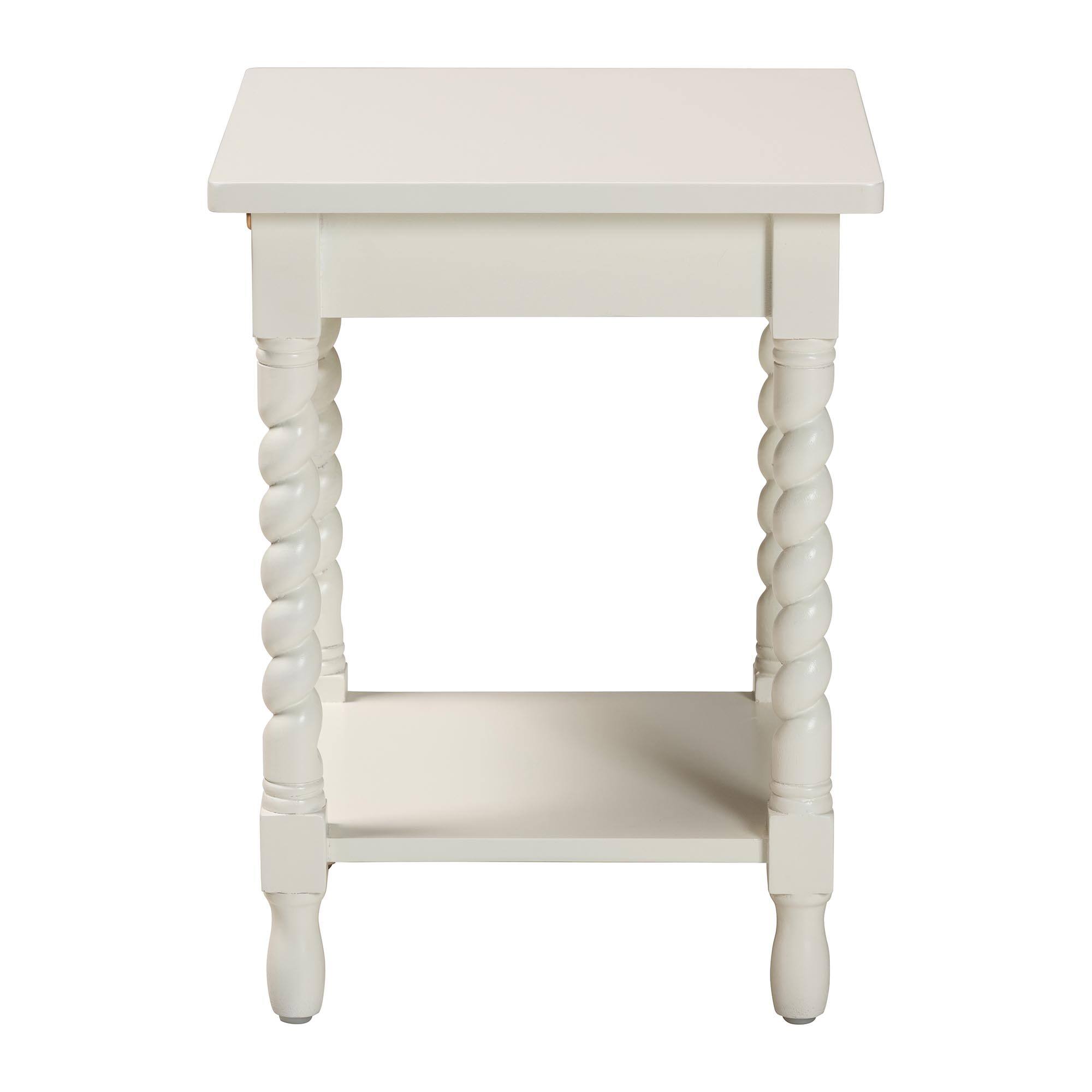 Back. bali & pari - Baxton Studio Niklas Nightstand with Twisted Legs - 1-Drawer Bedroom Side Table with Storage Shelf, White - White.