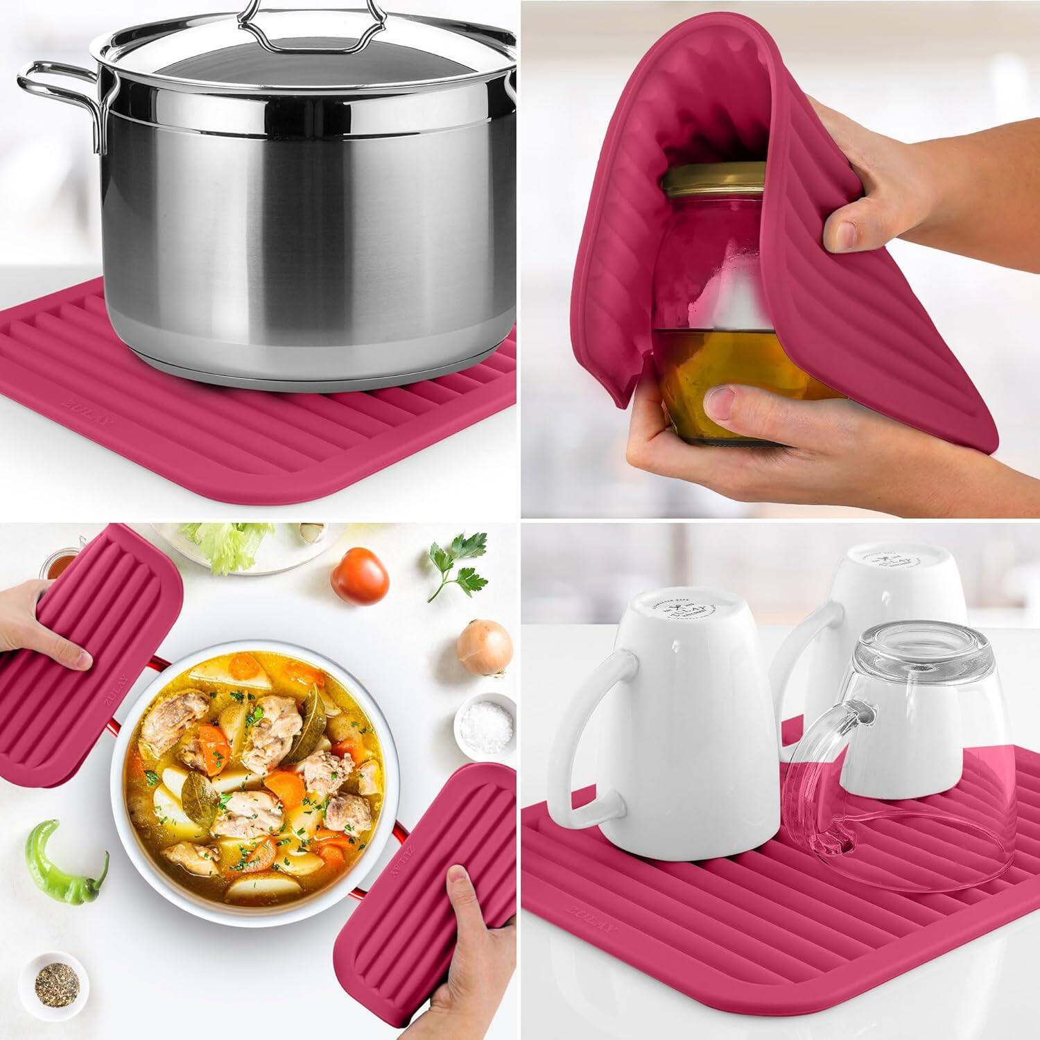 Alt View 1. Zulay Kitchen - Zulay Kitchen 2-Pack 9"x12" Silicone Trivets for Hot Pots & Pans - Rose Red.