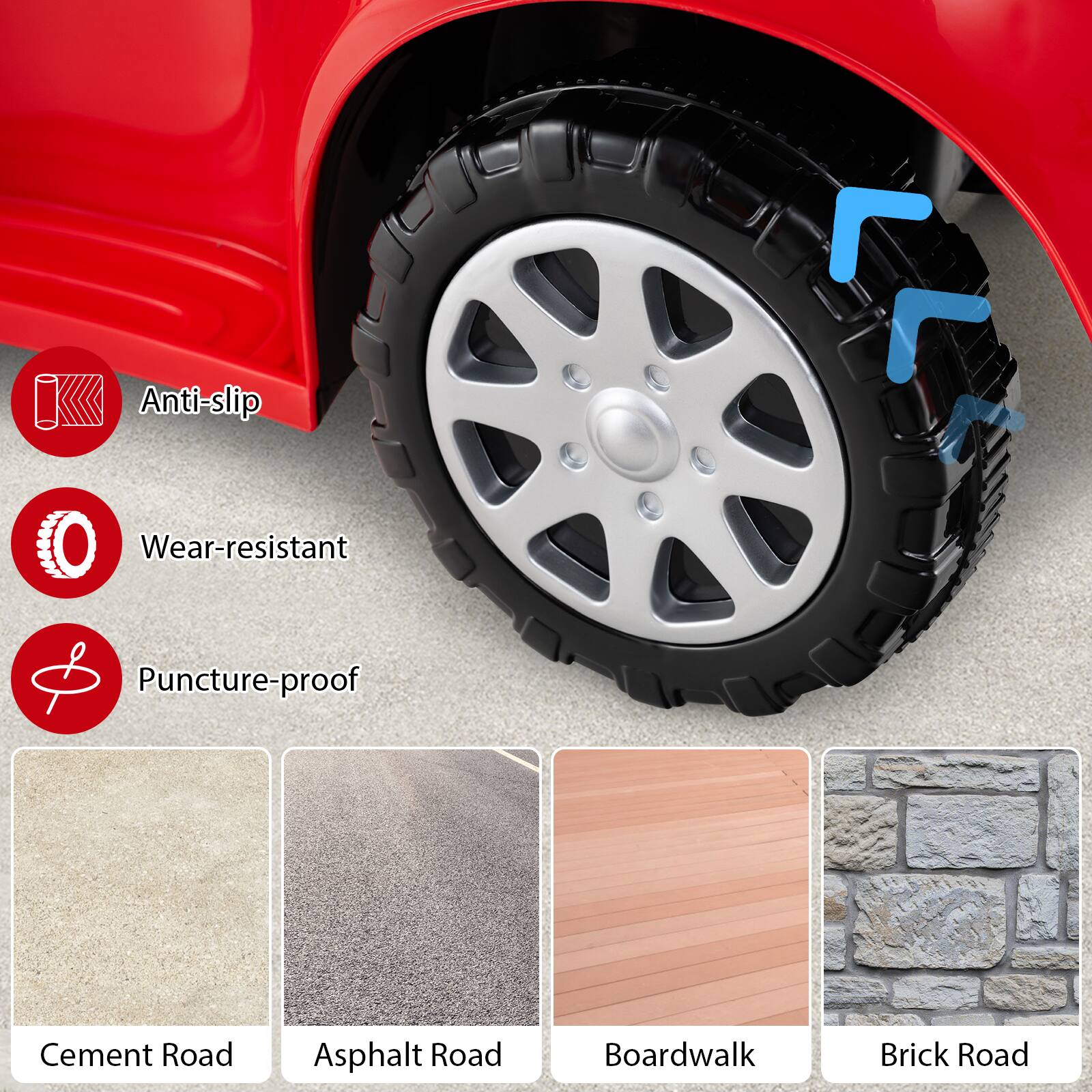 Anti-slip  
Wear-resistant  
Puncture-proof  

Cement Road  
Asphalt Road  
Boardwalk  
Brick Road