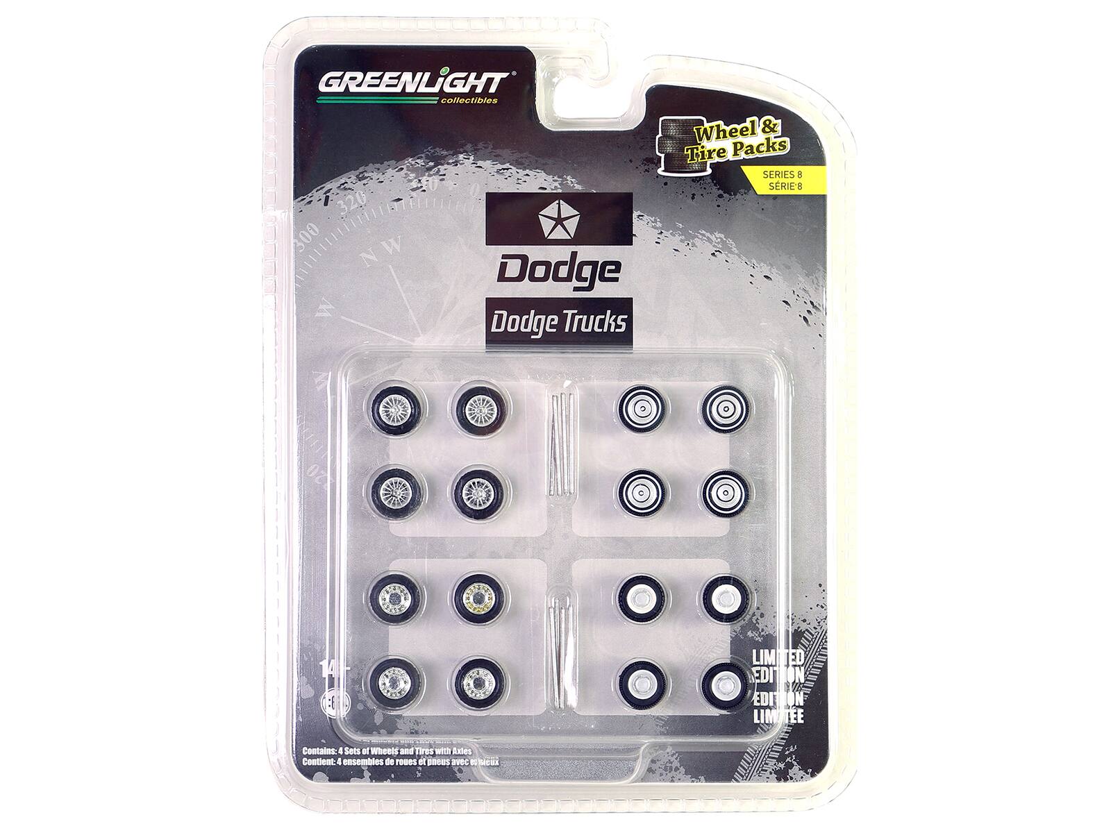 GREENLIGHT collectibles  
320 CLLiR mittttlitien 300 NW W N Dodge W Trucks Dodge Wheel & Tire Packs  
SERIES 3 SRIE 8 EFRE 0Z LIMITED ED EDITION EDITION LIMTEE EE  
Contains: 4 Sets of Wheels and Tires with Axles  
Contient: 4 ensembles de roues et pneus avec des axes