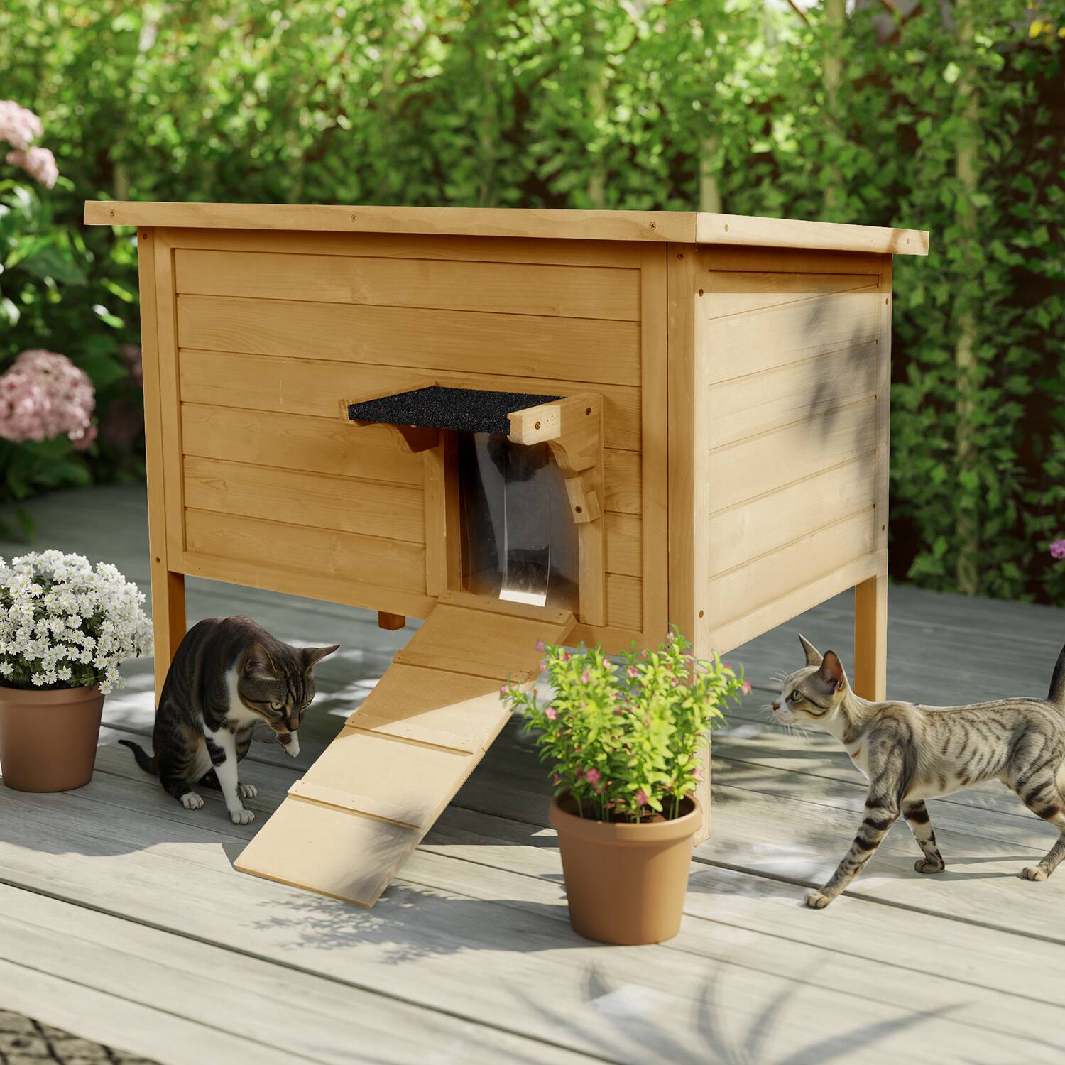 Alt View 2. FODINGHILL - Insulated Outdoor Cat House for Multiple Pets, Weatherproof Wood Shelter with Foldable Ladder & Acrylic Window, Brown.