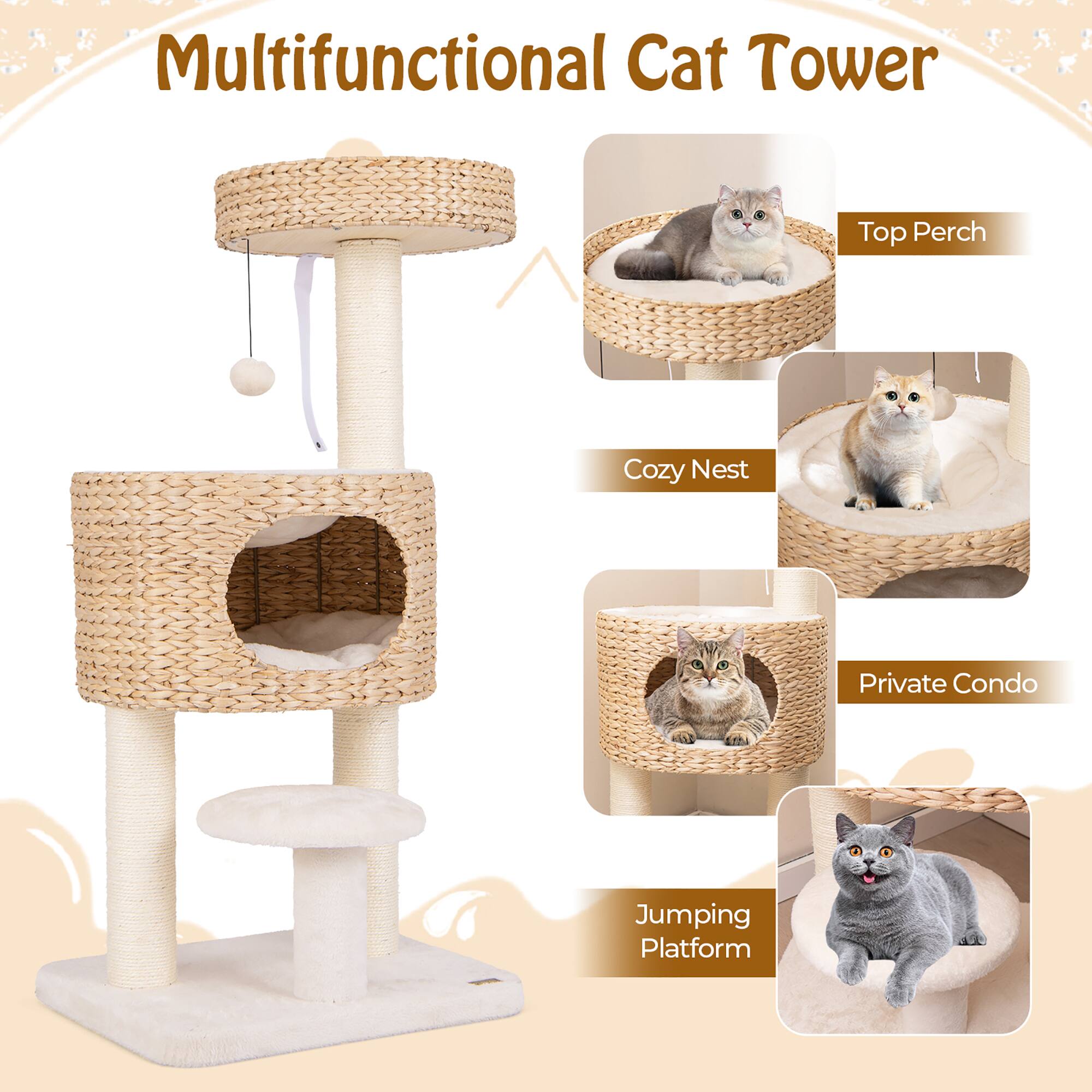Multifunctional Cat Tower

- Top Perch
- Cozy Nest
- Private Condo
- Jumping Platform