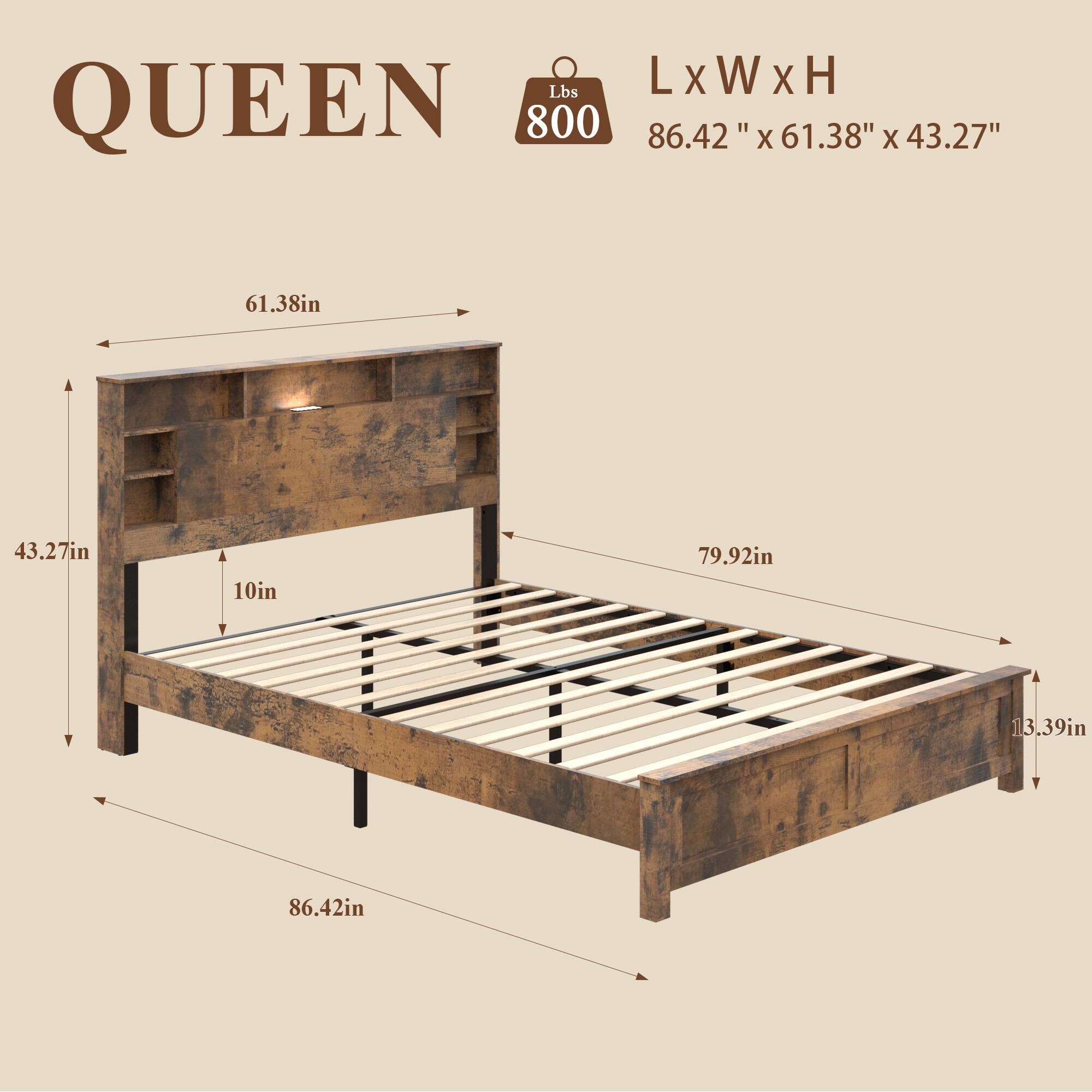 QUEEN  
L x W x H  
86.42" x 61.38" x 43.27"  
Lbs 800  

61.38in  
43.27in  
10in  
79.92in  
13.39in  
86.42in