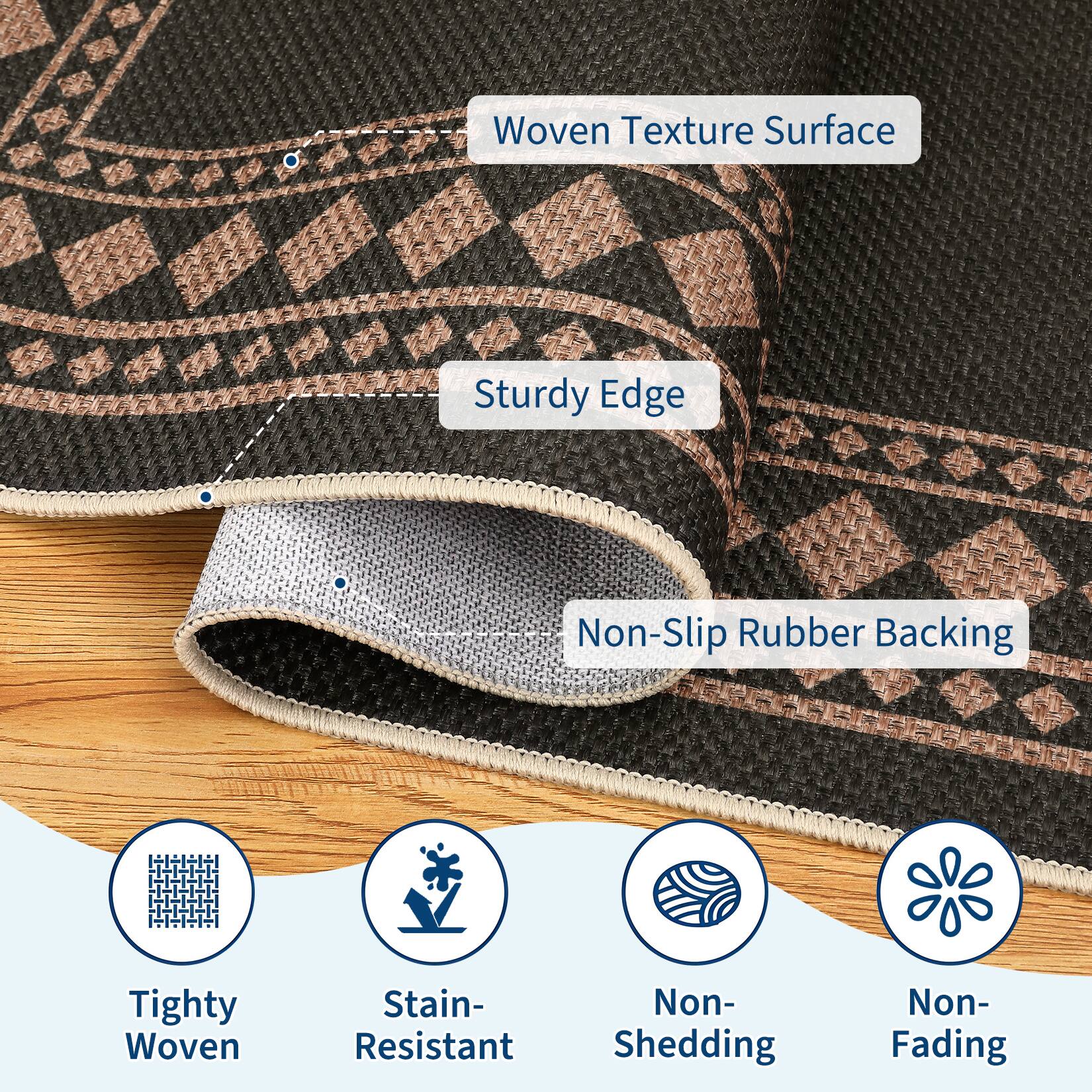 - Woven Texture Surface
- Sturdy Edge
- Non-Slip Rubber Backing
- Tighty Woven
- Stain-Resistant
- Non-Shedding
- Non-Fading