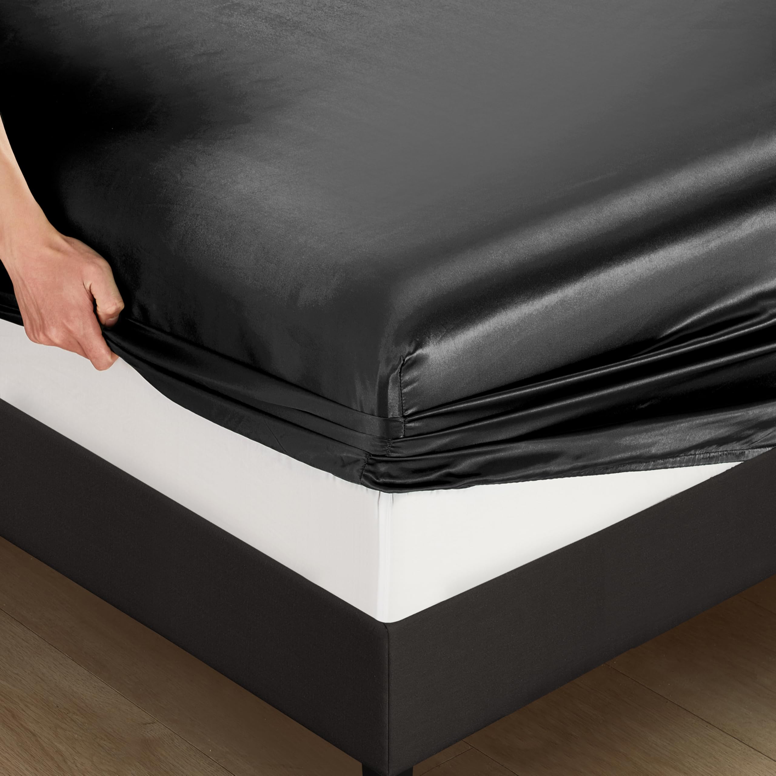 Alt View 5. Stylel Star - Silk Satin Black Fitted Sheet  Deep Pocket Only Breathable Non- Fading Fully Elasticized Bed Sheets Sold Separately - Black-Full.