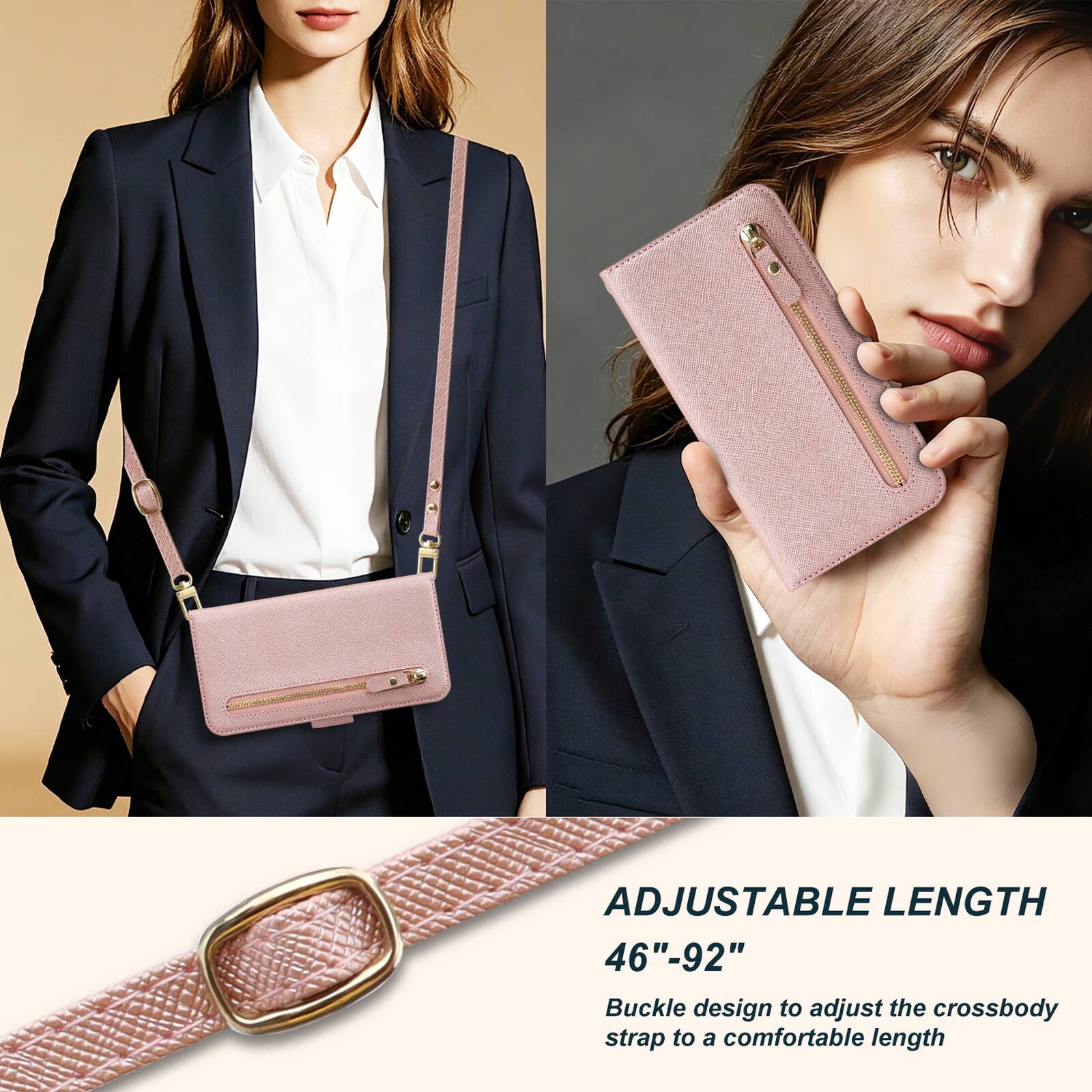 ADJUSTABLE LENGTH 46"-92"  
Buckle design to adjust the crossbody strap to a comfortable length