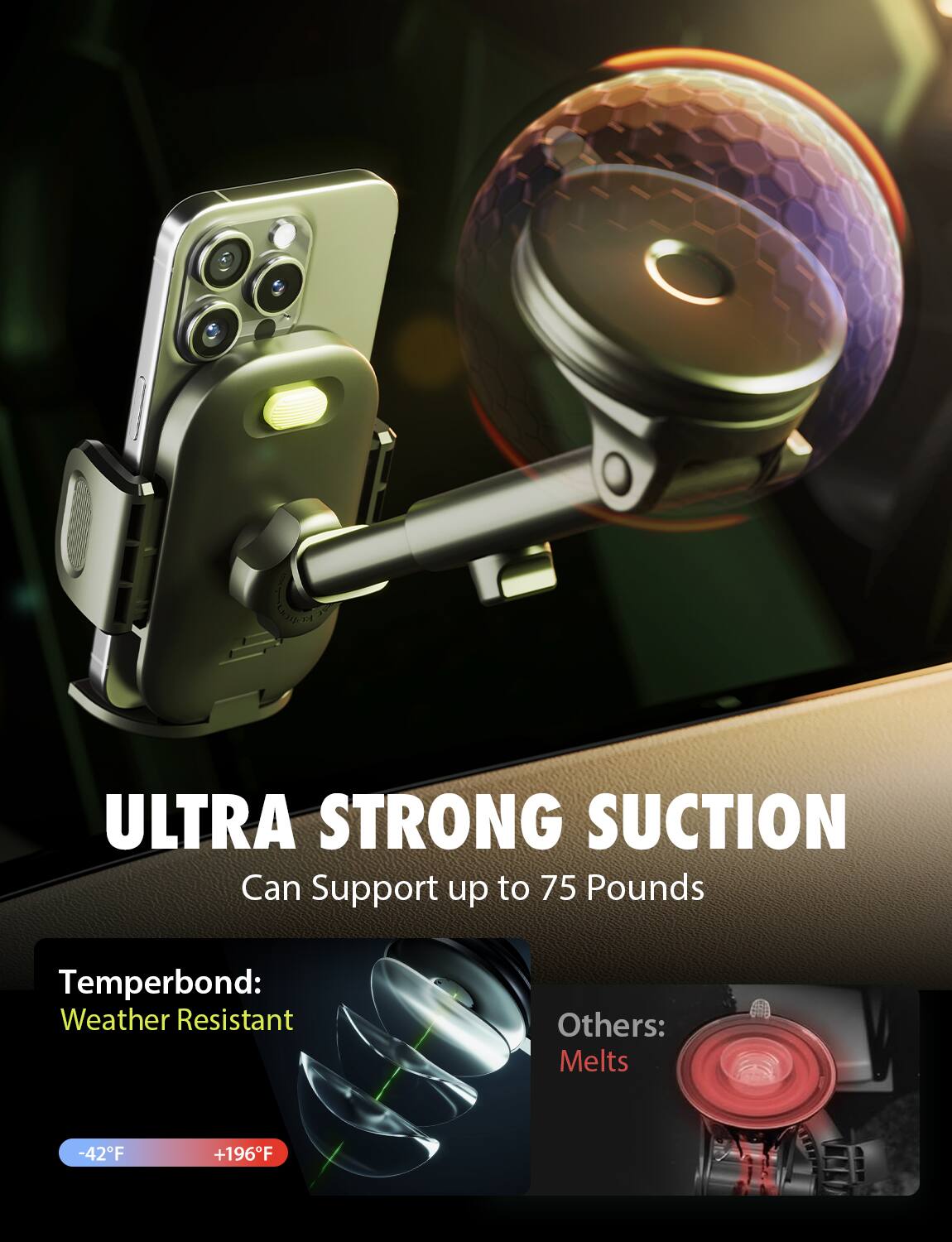 ULTRA STRONG SUCTION  
Can Support up to 75 Pounds

Temperbond:  
Weather Resistant

Others:  
Melts

-42°F  
+196°F