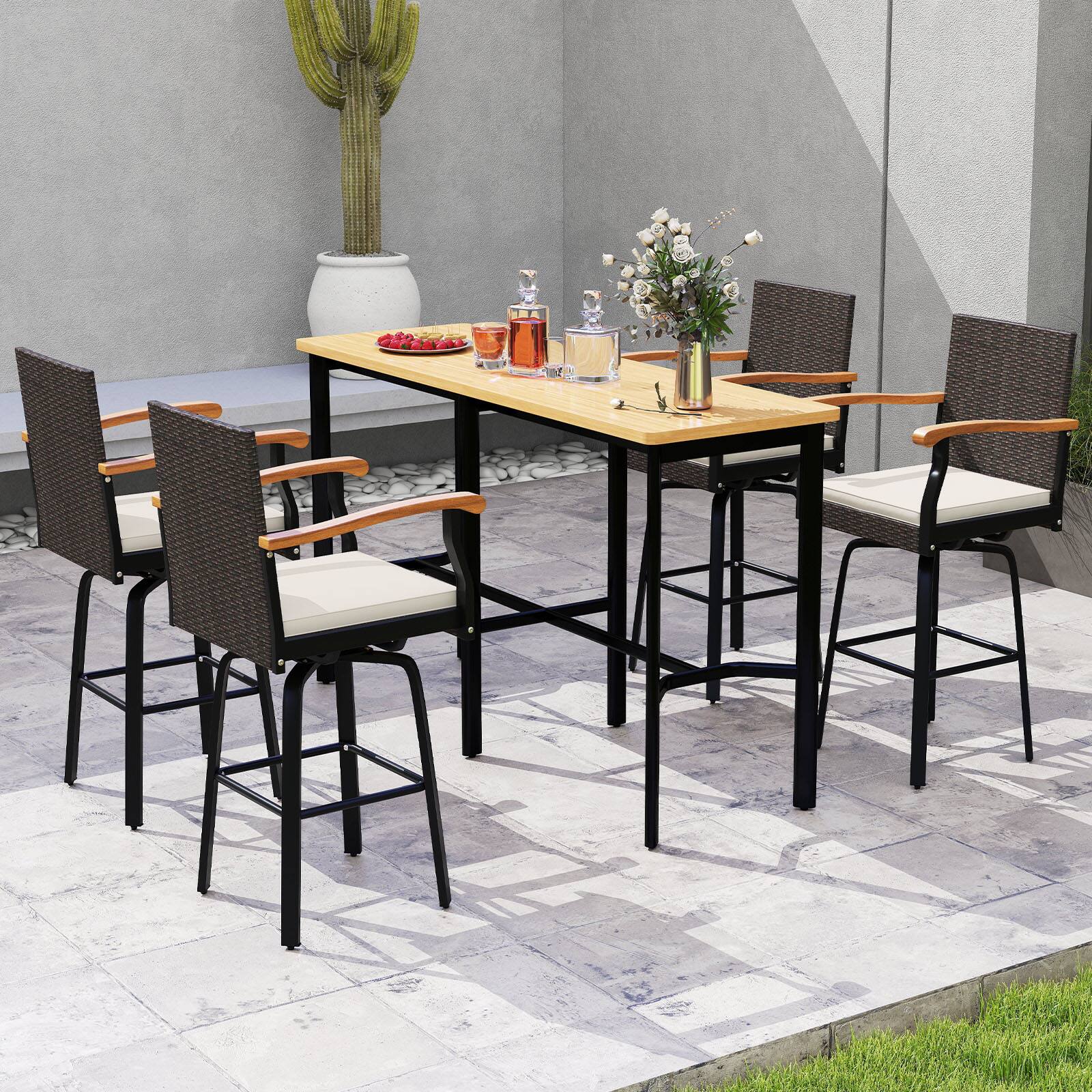 Alt View 9. Gymax - Gymax 2PCS 29'' Outdoor 360-Degree Swivel Bar Stool w/Cushion Acacia Wood Armrests Footrest Mix Brown & Off White - Brown.