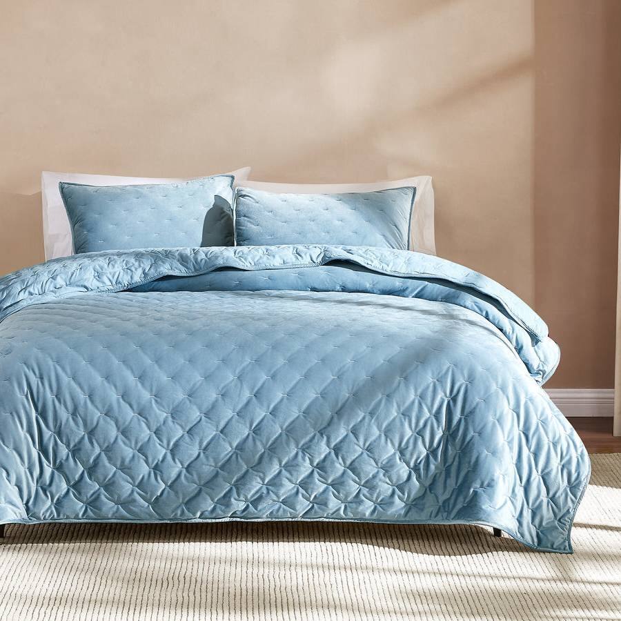 Angle. Hivvago - King/CAL King Size 3-Piece Blue Velvet Embroidered Super Soft Quilt Set - Blue.